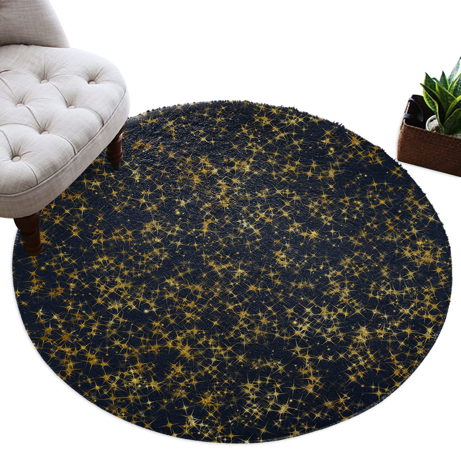 CHARMHOME Soft Plush Circular Shaggy Carpet - 3.3ft Cozy Starry Night Sky Design Area Rug for Living Room, Nursery, Bedroom - Non-Slip Floor Mat for Kids Playroom & Home Decor