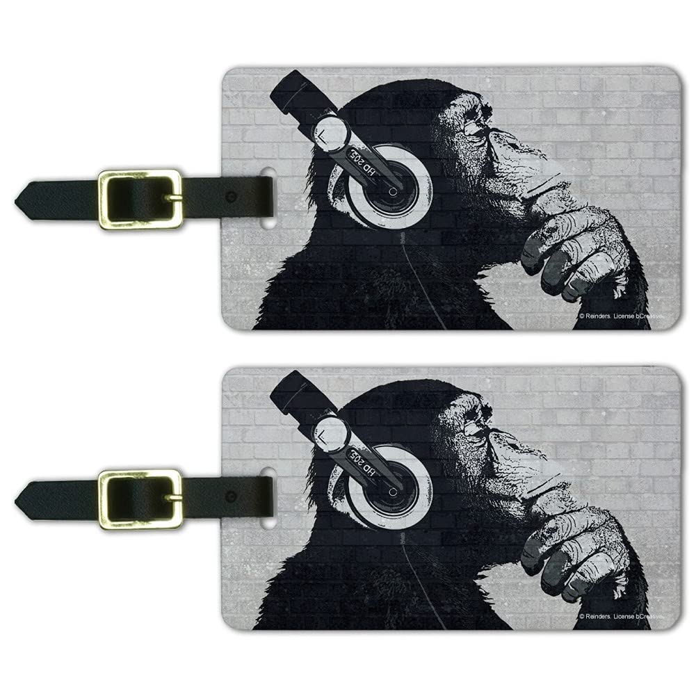 Fun Chimp Monkey Headphone Luggage ID Tags - Set of 2 for Suitcase, Carry-On & Backpack Identification - Perfect for Travel, Kids & Unique Gift Ideas