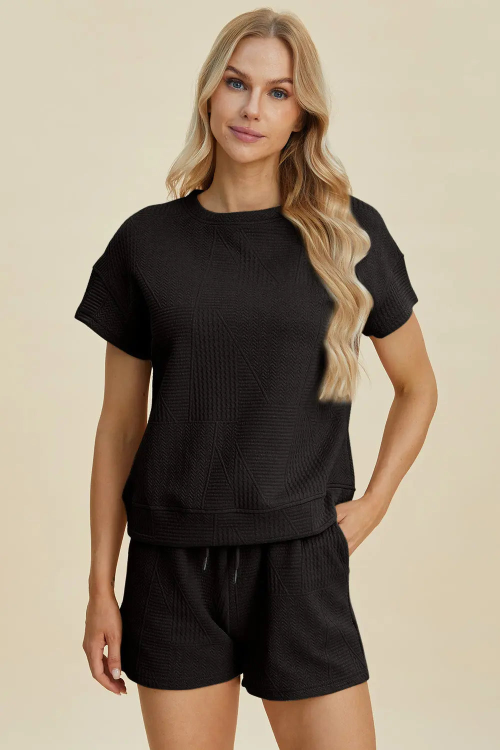 Double Take Full Size Textured Short Sleeve Top & Shorts Set - Women's Casual Summer Outfit for Beach, Yoga & Lounge Wear
