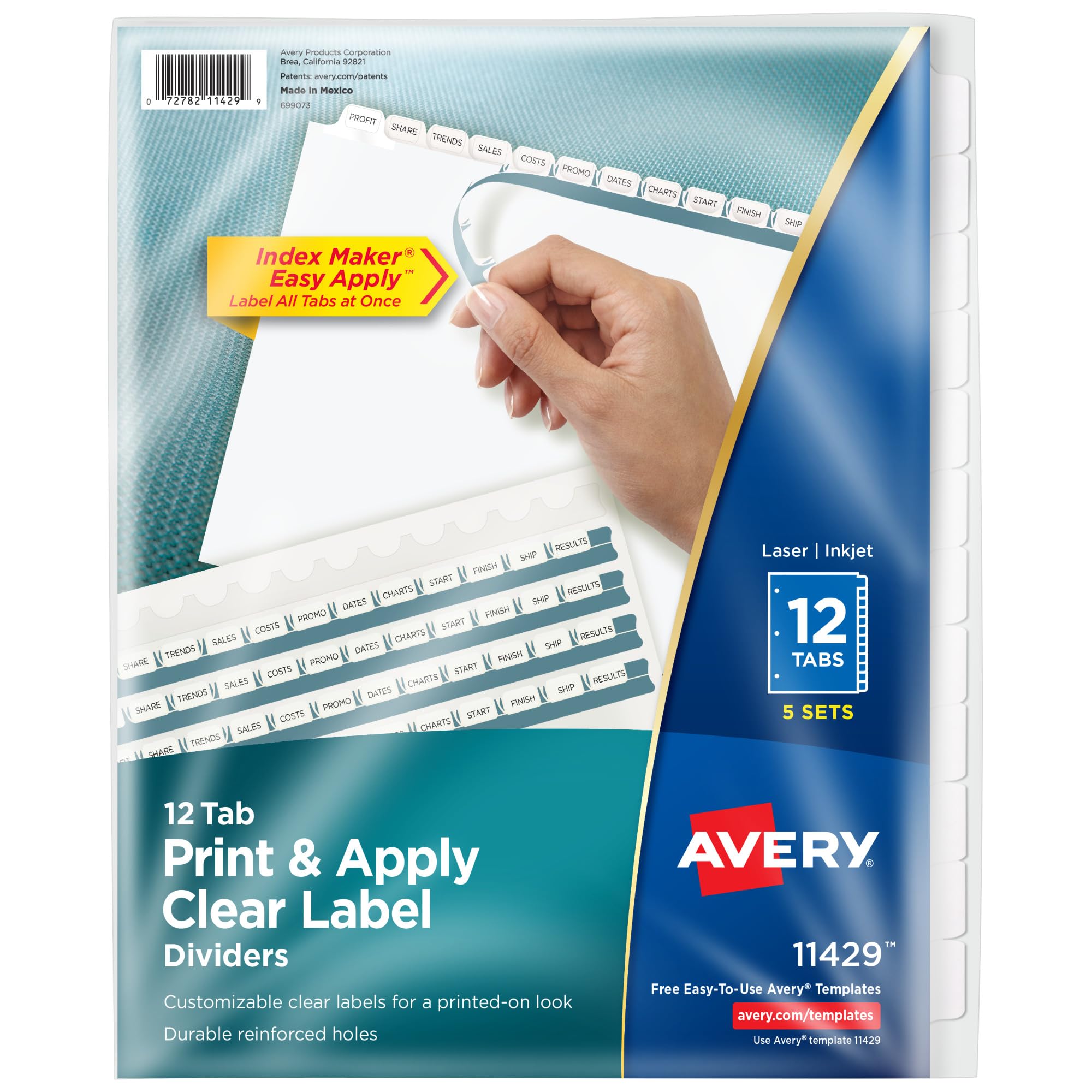 Avery 12-Tab Binder Dividers with Clear Label Strips - 5 Sets of White Index Tabs for Easy Printing & Organization | Perfect for School, Office & Home Filing Systems