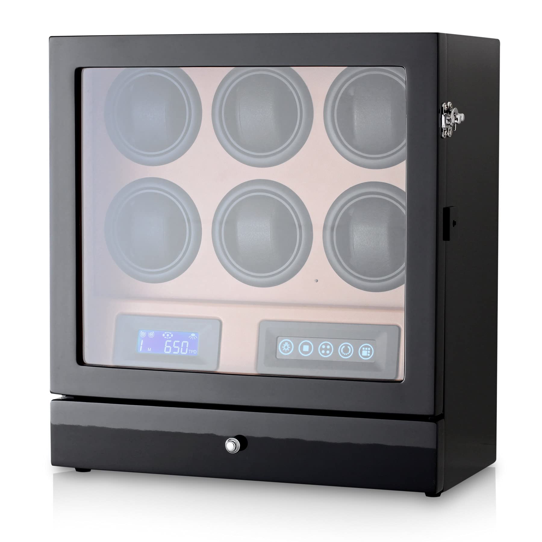 Premium Automatic Watch Winder for 6 Watches with 2 Storage Drawers - LED Backlight, LCD Display & Remote Control - Perfect for Watch Collectors & Luxury Timepiece Storage