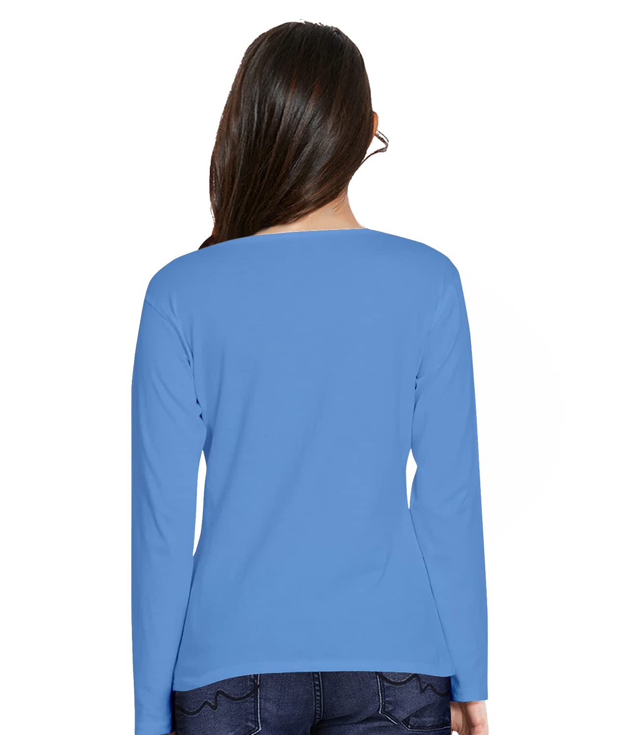 OPLU Women's Regular Fit Yoga Day Logo Cotton Printed V Neck Full Sleeves T-Shirt for Yoga, Exercise & Fitness | Trendy Workout Top | Perfect for Gym, Pilates & Casual Wear (Blue, XX-Large)