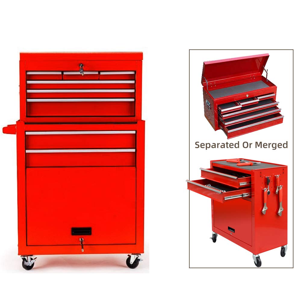 Heavy Duty Large Capacity Rolling Tool Chest with 8 Sliding Drawers - Removable & Lockable Tool Storage Cabinet Organizer for Garage, Workshop & DIY Projects - Red Toolbox for Professional Mechanics & Home Improvement