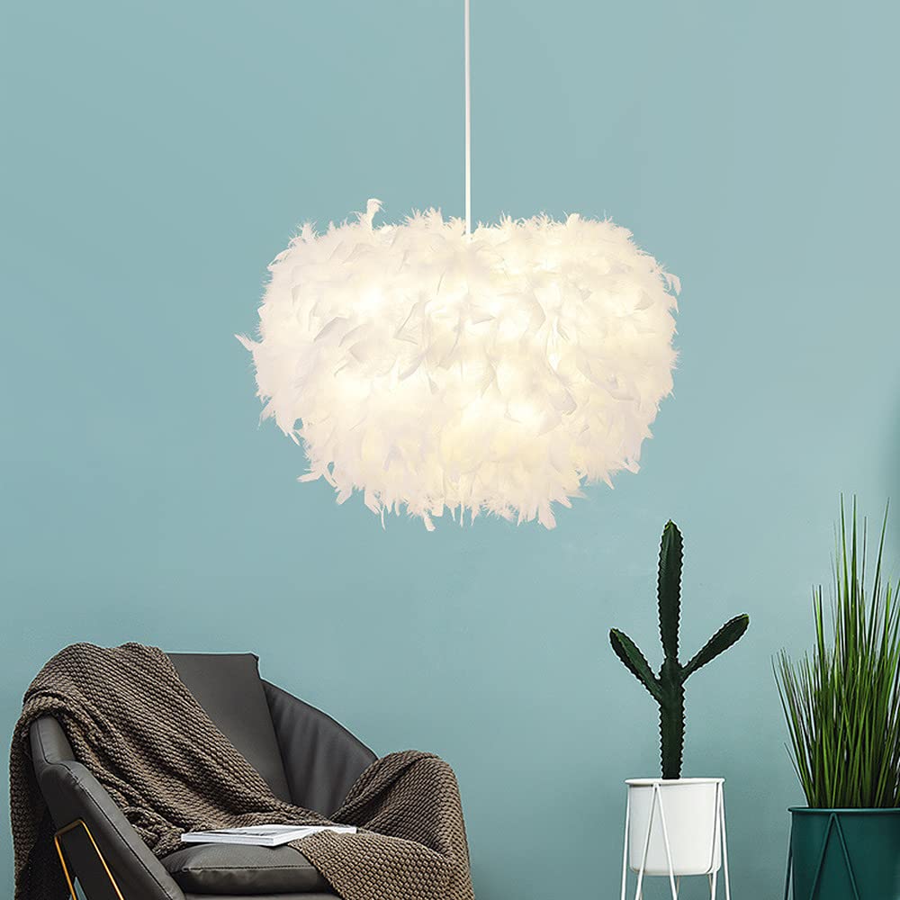 Hand-Woven White Feather Pendant Light with Plug-in Cord - Modern Hanging Ceiling Lamp for Bedroom, Living Room & Dining Room | Soft Ambient Lighting for Cozy Home Decor