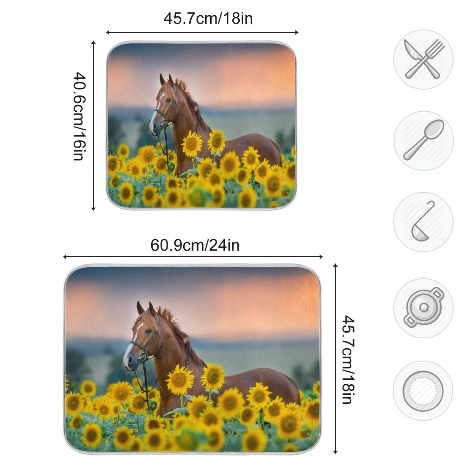 ALAZA Horse Sunflowers Dish Drying Mat - Super Absorbent Microfiber Kitchen Countertop Pad (16x18 Inch) for Dishes, Utensils & Cookware - Perfect for Drying, Decorating & Protecting Countertops