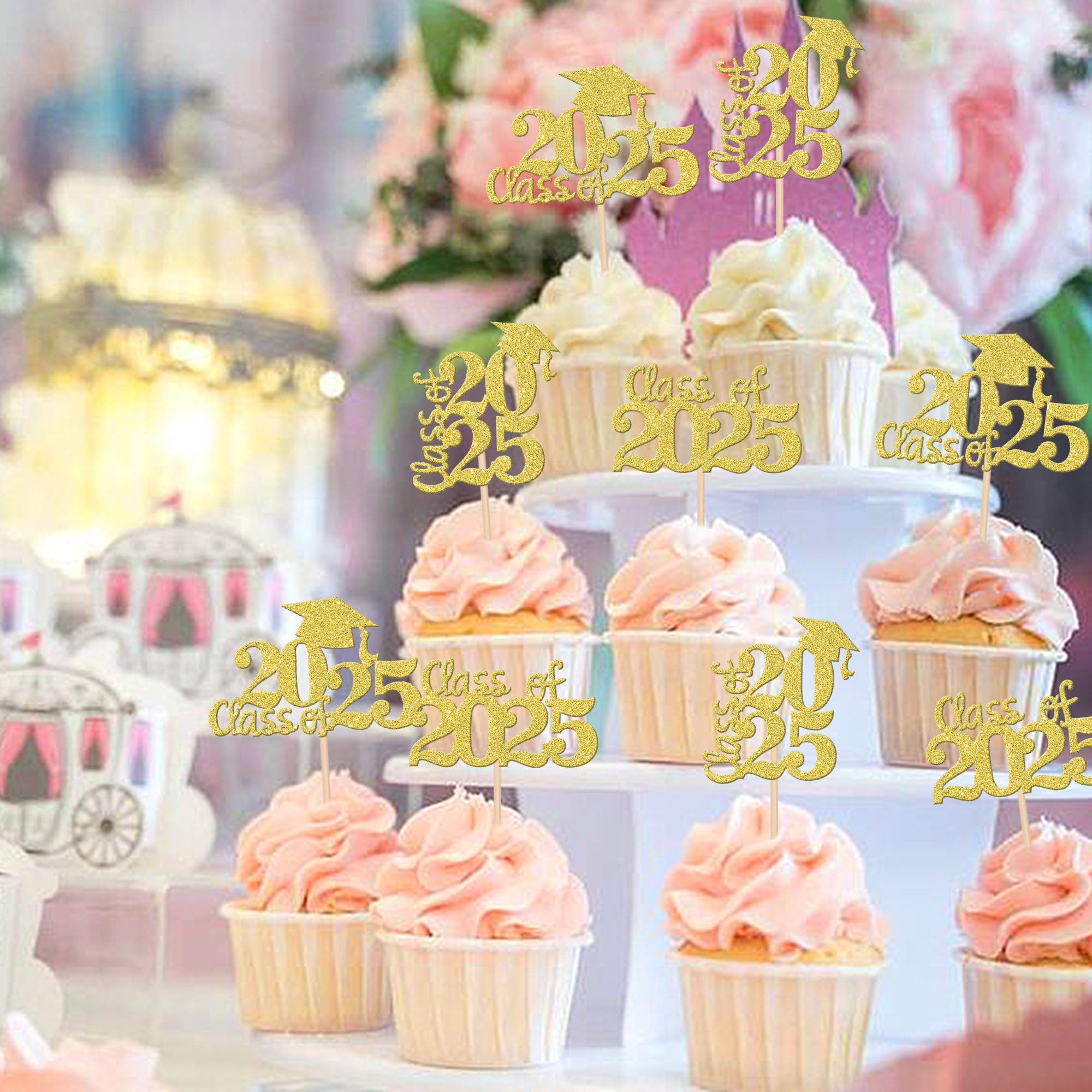 30 PCS Class of 2025 Glitter Graduation Cap Cupcake Toppers - Gold High School Graduation Cake Decorations for 2025 Theme Party, Birthday, Commencement Celebrations