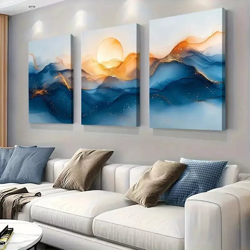 3-Piece Dreamy Blue & Golden Mountain Landscape Wall Art Set - Framed Canvas 50x70cm (20x28in) - High Quality Print - 100% Australian Made - Ready to Hang - Perfect for Living Room, Bedroom & Office Decor