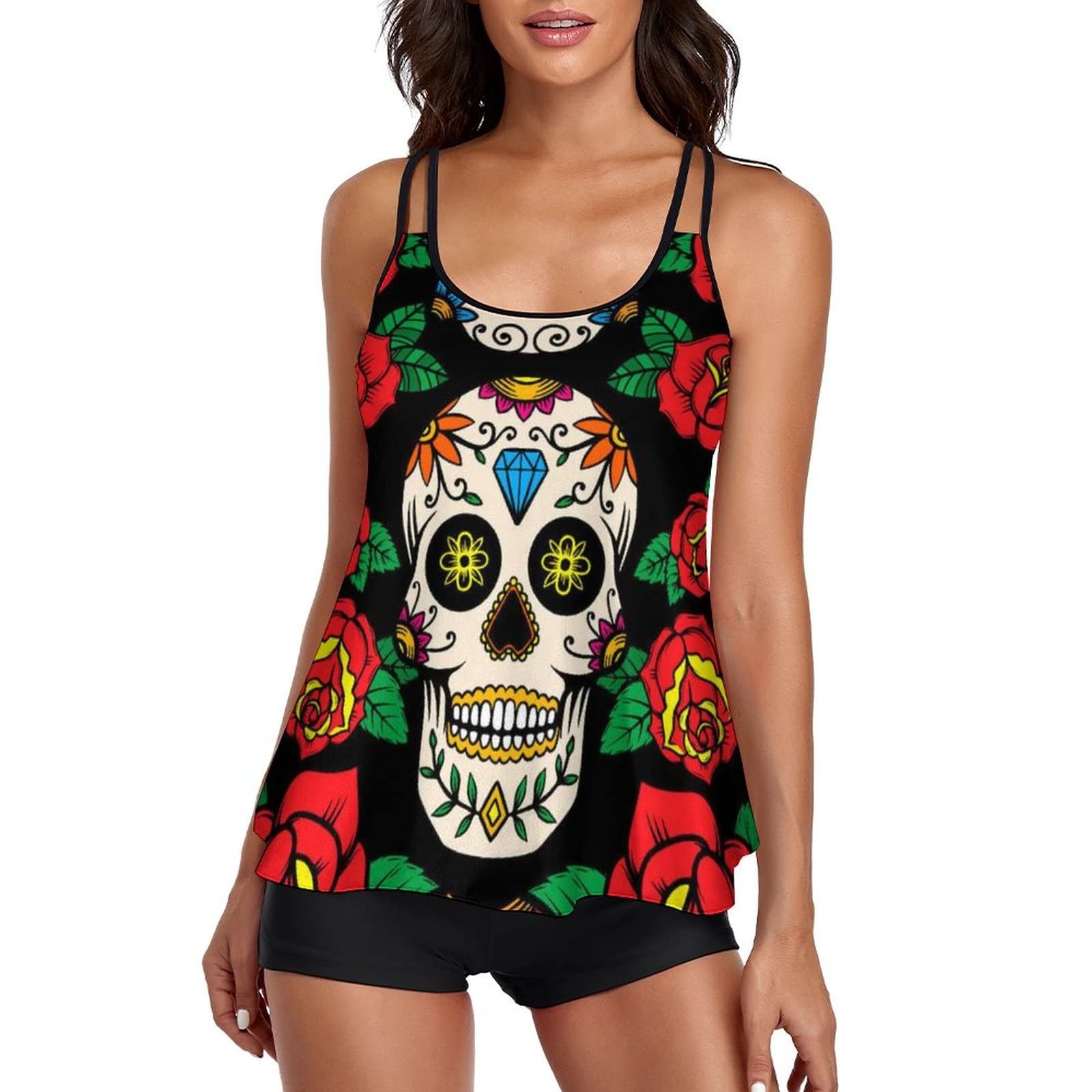 Women's Quick Dry Tummy Control Tankini Swimwear Set - Floral Rose & Sugar Skull Print Adjustable Strap Bathing Suit for Beach, Pool, Vacation & Summer Activities