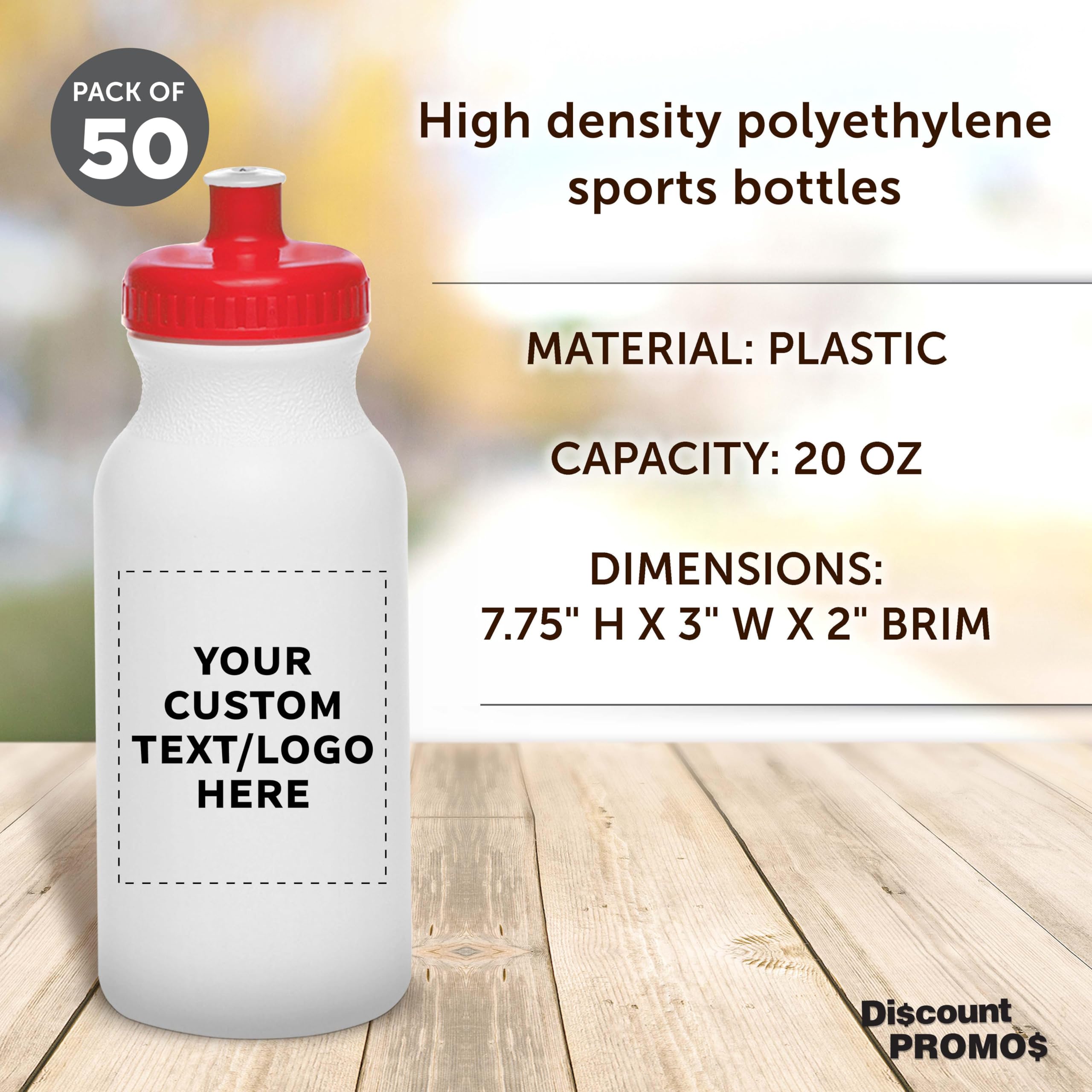 Custom White Water Bottles with Push Cap - 50 Pack | Personalized Text & Logo | 20 oz BPA-Free Reusable Squeezable Bottles in Bulk (White/Red) - Perfect for Corporate Gifts, Sports Teams, and Promotional Events