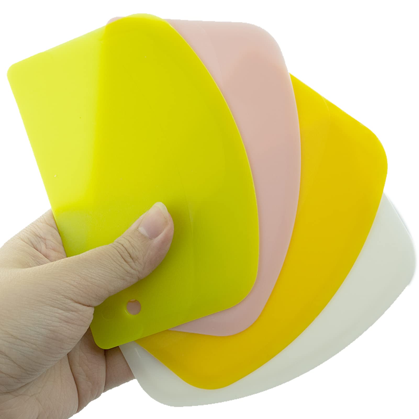 4Pcs 4.7x3.7inch Plastic Dough Scraper Set - Multi-Purpose Kitchen Tool for Baking, Pastry, Cake, Bread & Pizza Dough | Includes Bowl Scraper & Food Cutter (Yellow, Green, Pink, White) | Perfect for Home Bakers & Professional Chefs
