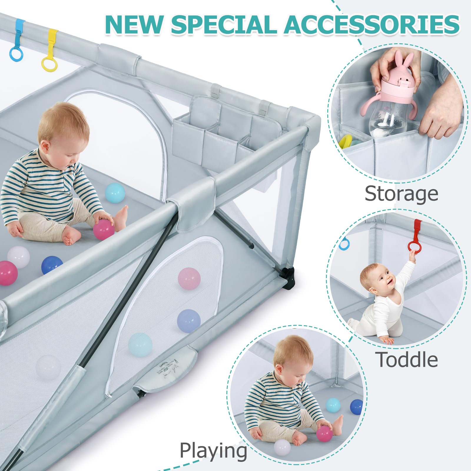 Foldable Baby Playpen for Toddlers - Large Portable Play Yard with 2 Storage Bags & 50 Balls (59