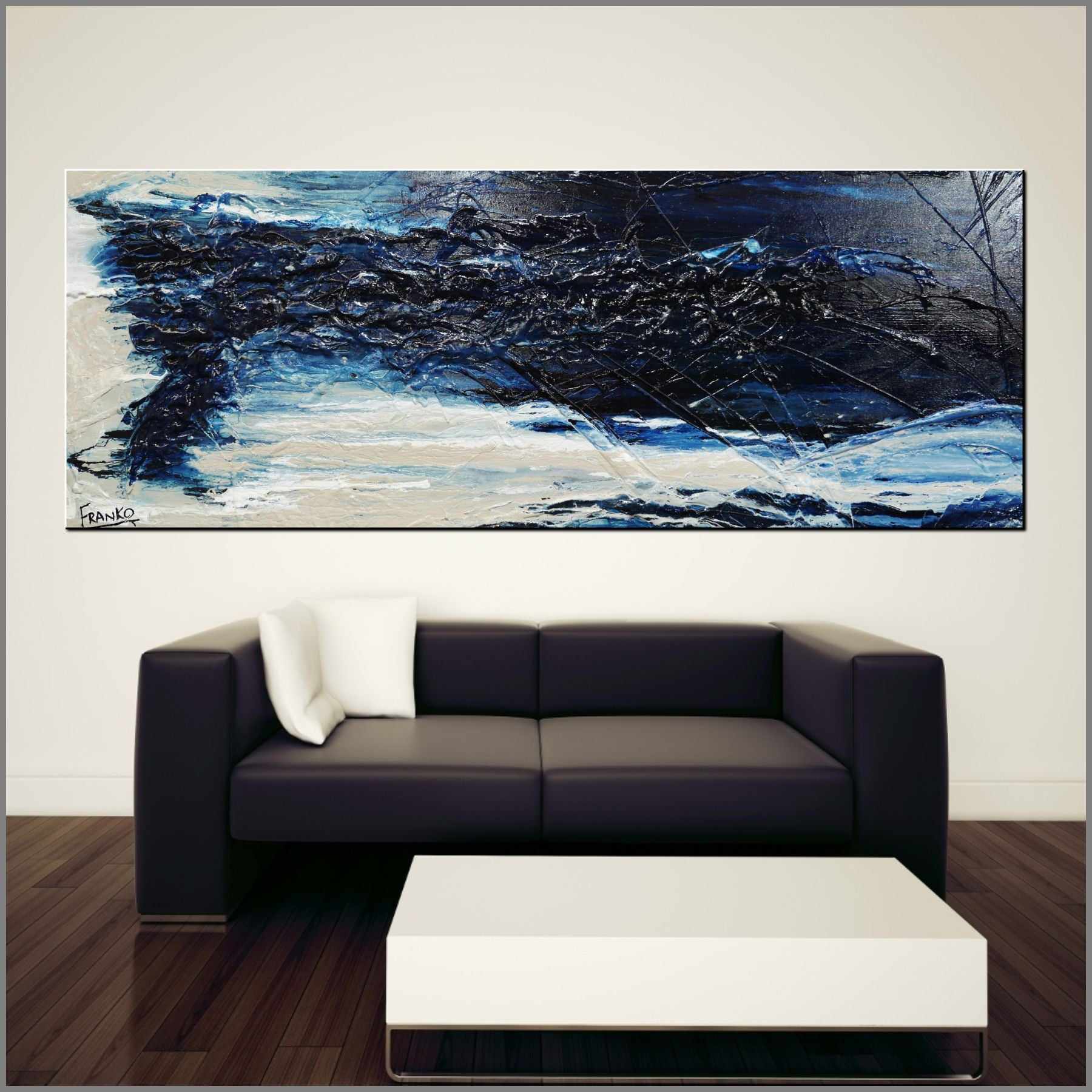 160cm x 60cm Grey Navy Textured Abstract Canvas Painting - Modern Wall Art for Living Room, Bedroom & Office Decor