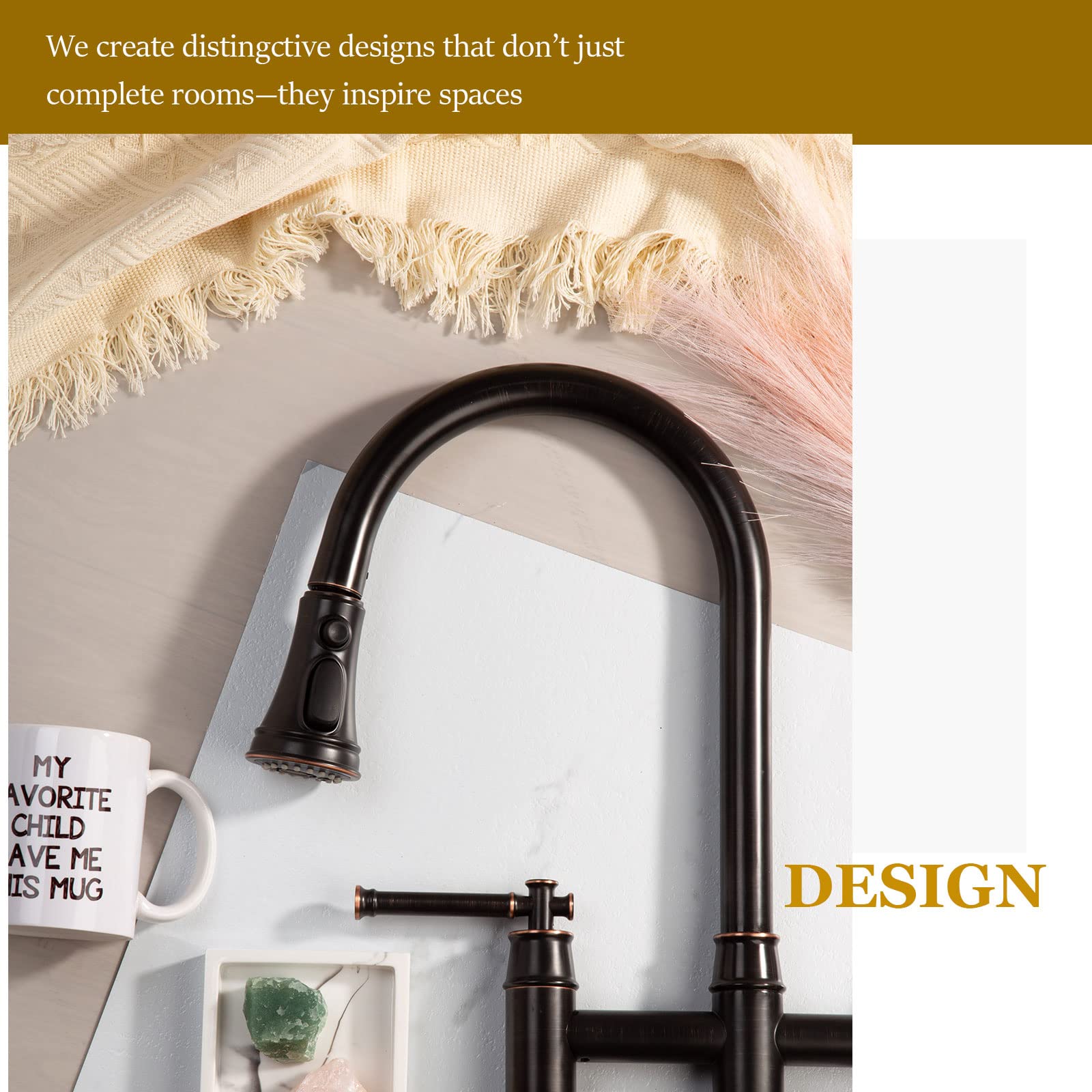 Oil Rubbed Bronze Bridge Kitchen Faucet with Pull Down Sprayer - Oakland Brass 2 Handle 3 Hole Spot-Resistant Lead-Free Faucet (Model KSK8239-ORB) - Perfect for Modern Farmhouse & Industrial Style Kitchens