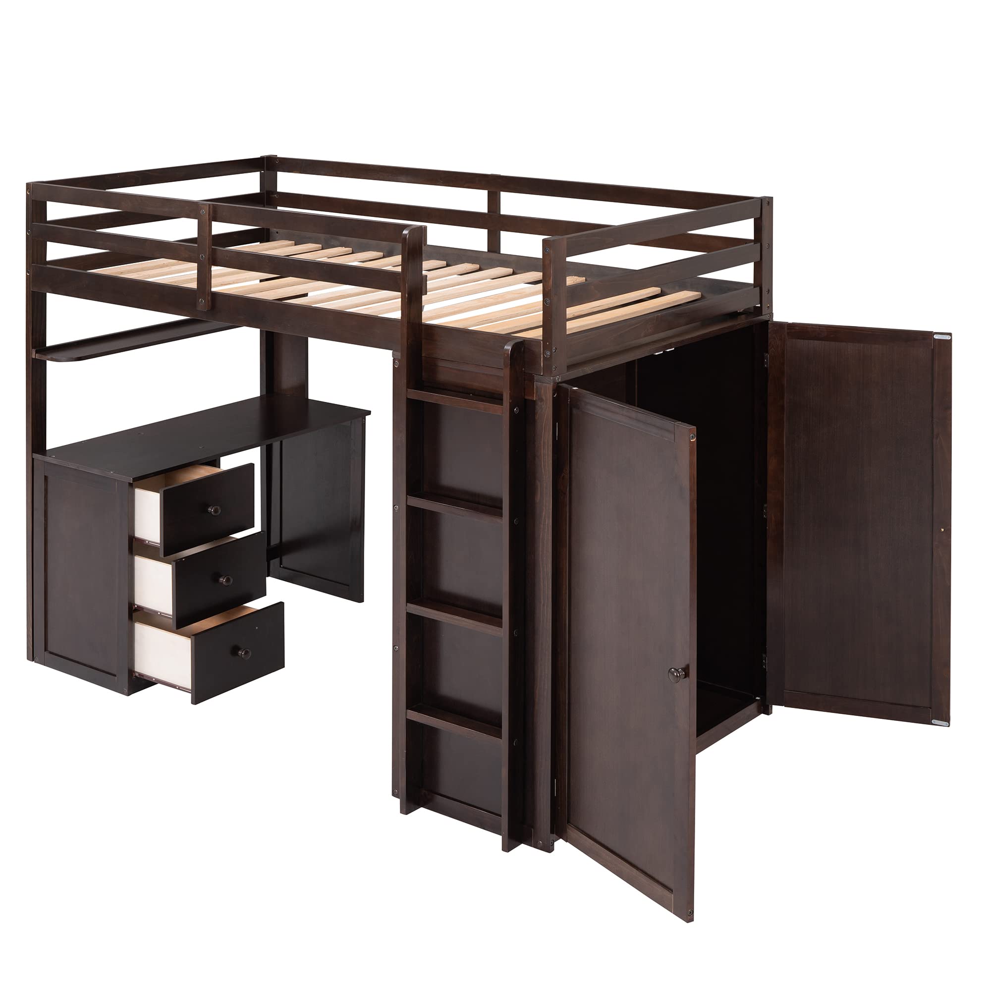 Harper & Bright Designs Twin Size Wood Loft Bed with Desk & Wardrobe - Space-Saving Study Bed with Storage Drawers for Kids & Teens - Perfect for Small Bedrooms, Dorm Rooms & Studio Apartments