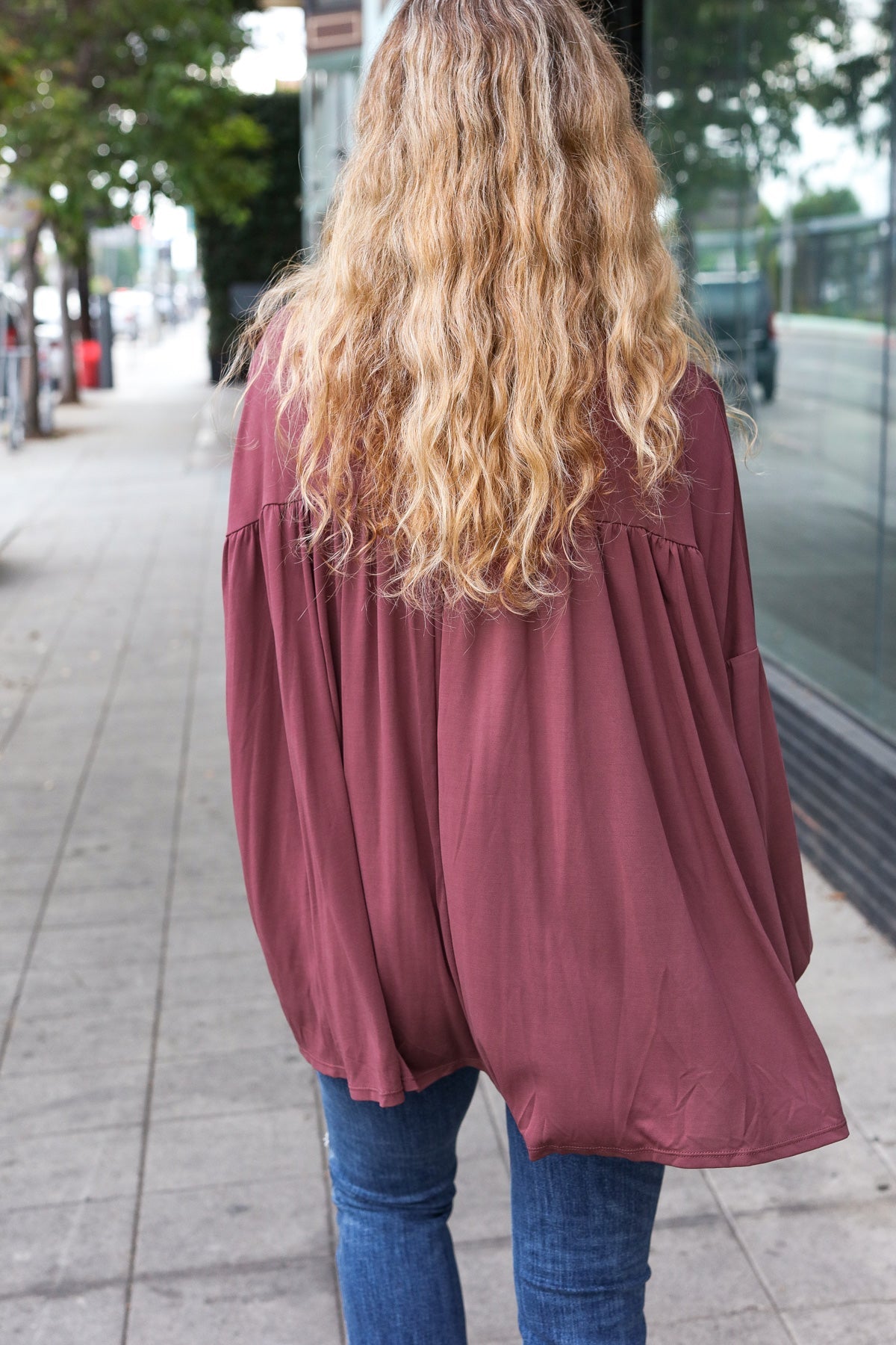 Stylish Casual Wine V-Neck Yoke Modal Knit Oversized Top for Women | Comfortable Loose Fit Tunic Blouse for Everyday Wear, Work & Outings
