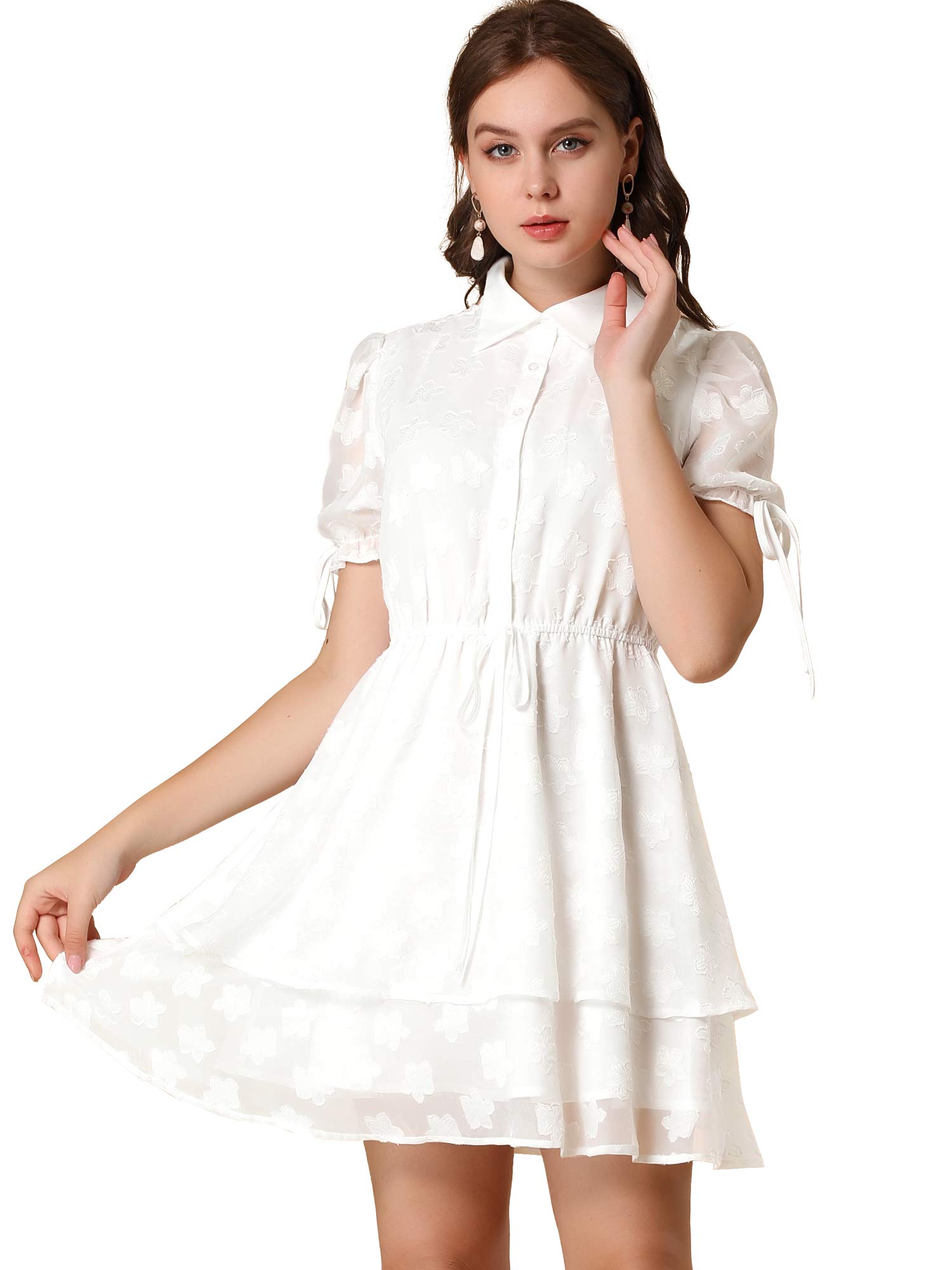 Allegra K Women's Floral Peter Pan Collar Chiffon Layered Dress with Drawstring - Elegant Summer Casual & Party Wear for Women