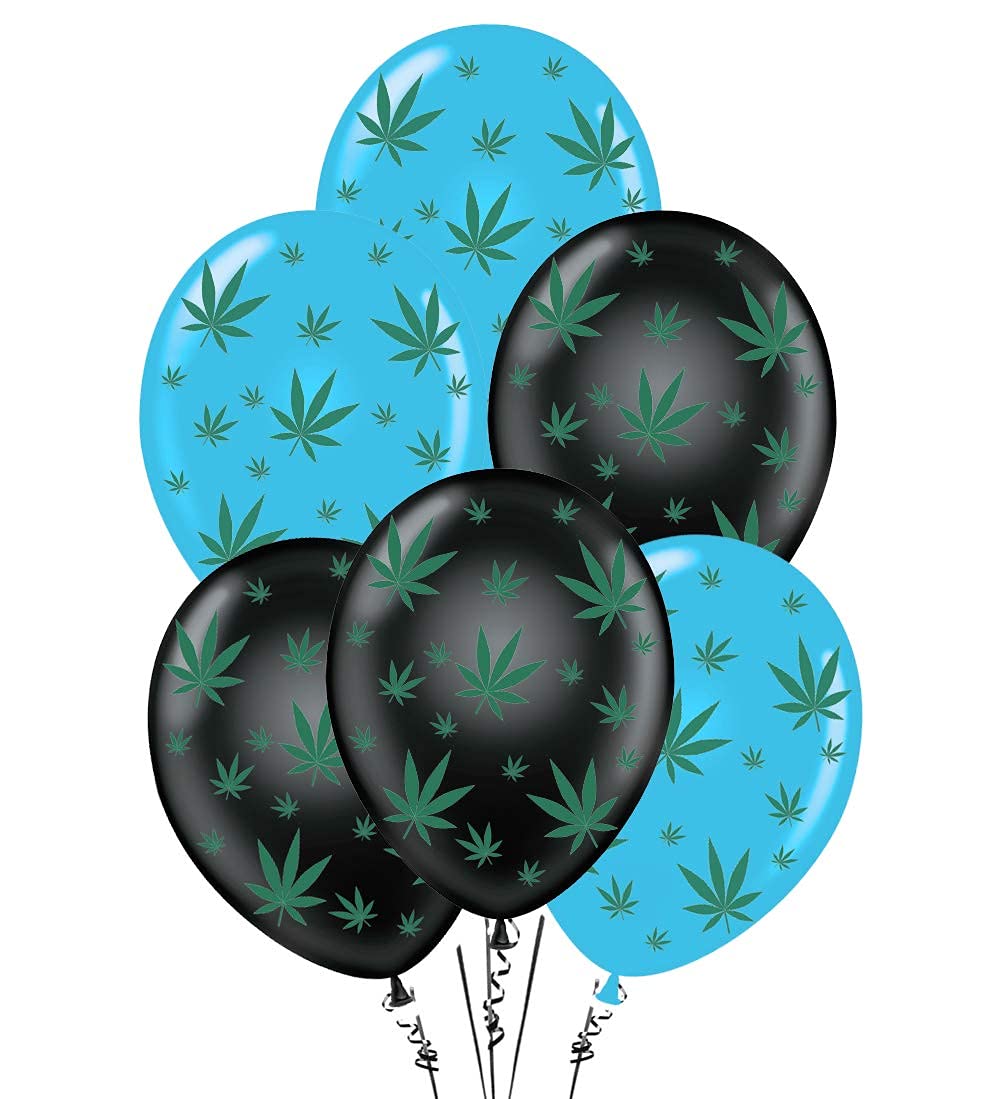 Premium 11in Black & Turquoise Marijuana Balloons with All-Over Green Leaf Print - Pack of 25 for Cannabis-Themed Parties, Bachelorette Events & 420 Celebrations