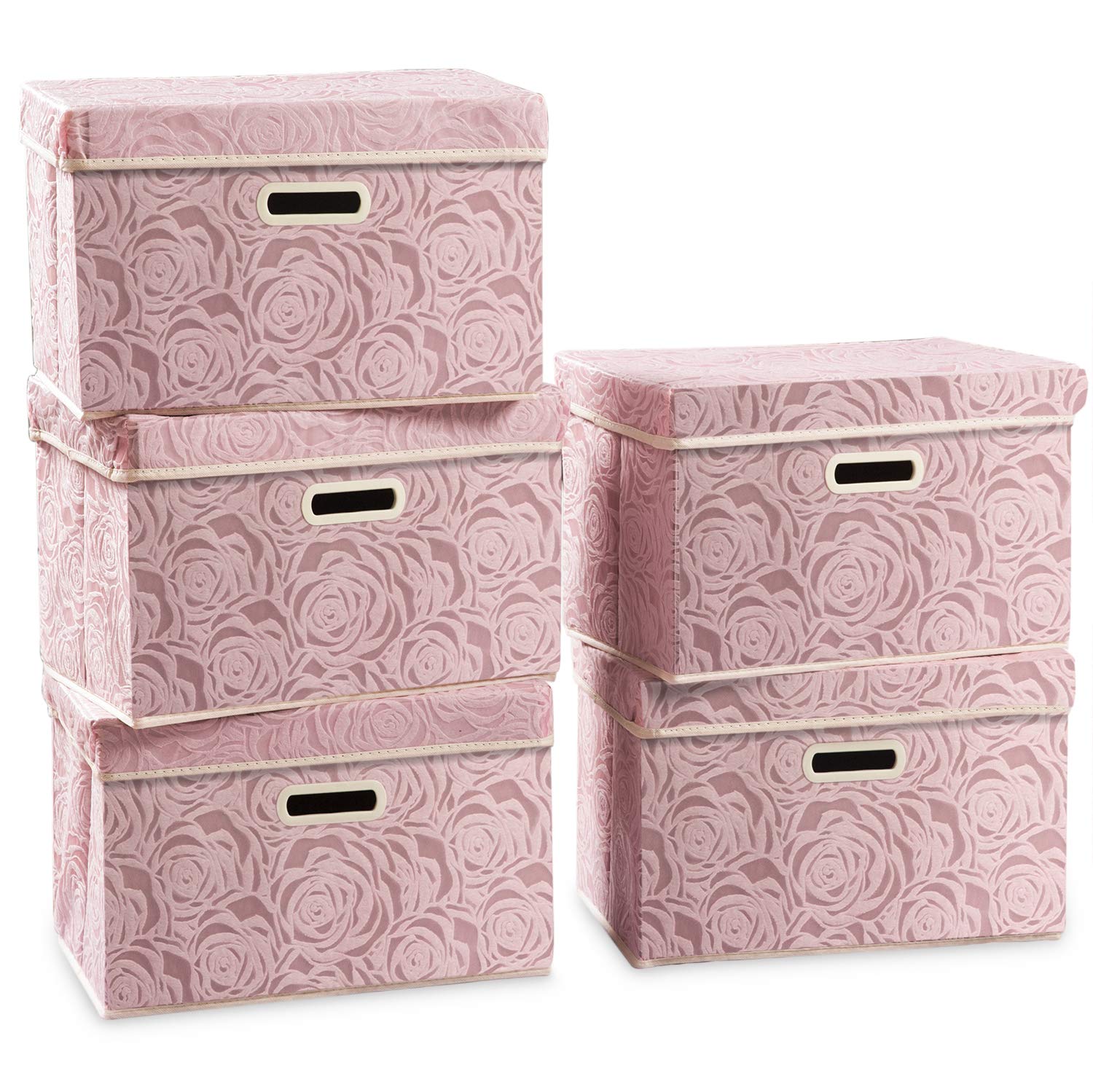 PRANDOM 5-Pack Collapsible Fabric Storage Bins with Lids - 14.9x9.8x9.8 Inch Decorative Organizer Boxes for Bedroom, Closet & Living Room - Foldable Storage Containers with Handles & Dividers (Pink) - Perfect for Home Organization, Toy Storage & Seasonal Decor