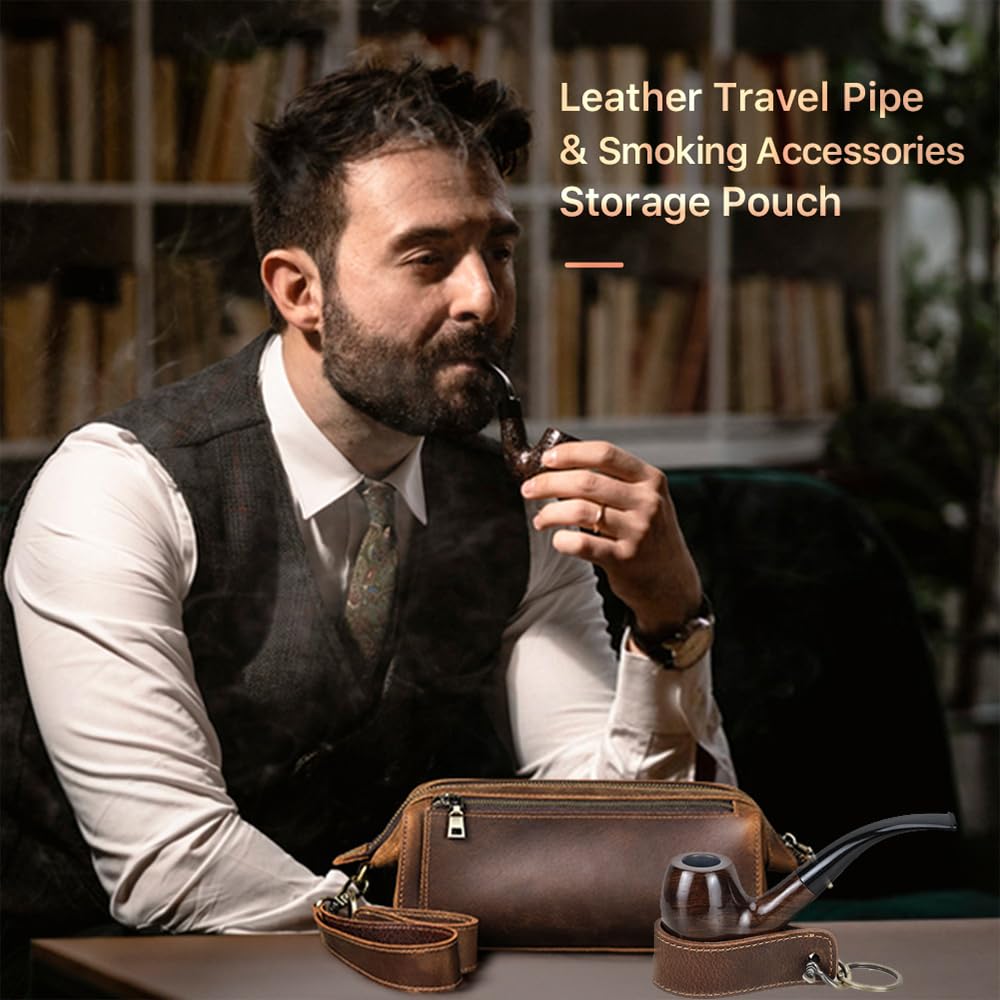 Premium Full Grain Leather Travel Tobacco Pipe Pouch with Stand - Organizer for 2 Pipes, Lighter & Cigarettes | Portable Smoking Accessories Case for Outdoor Adventures, Camping & Travel