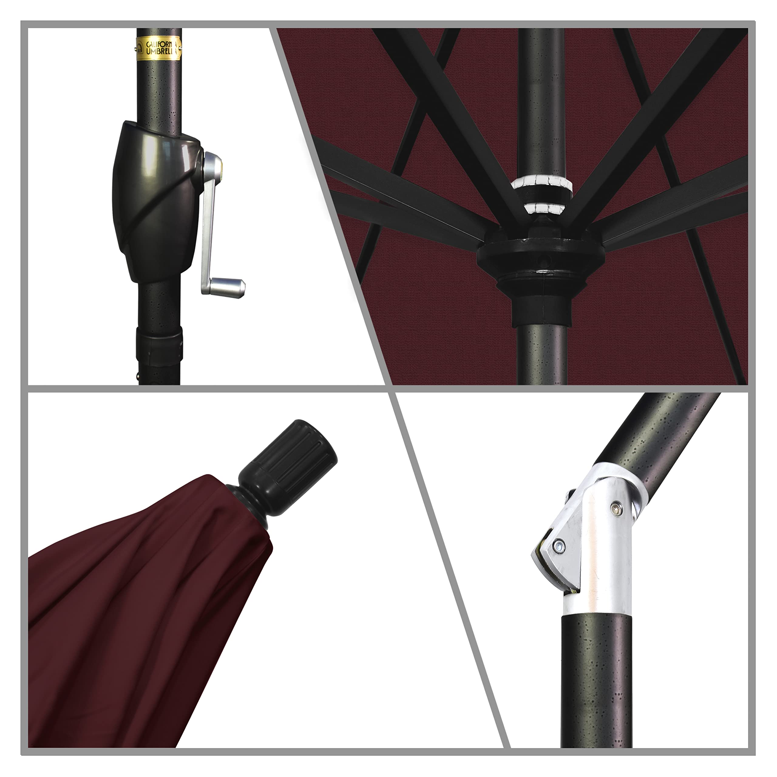 7.5' Round Aluminum Market Umbrella with Crank Lift & Push Button Tilt - Black Pole & Pacifica Burgundy Canopy - Perfect for Patio, Garden, Poolside, and Outdoor Dining Areas