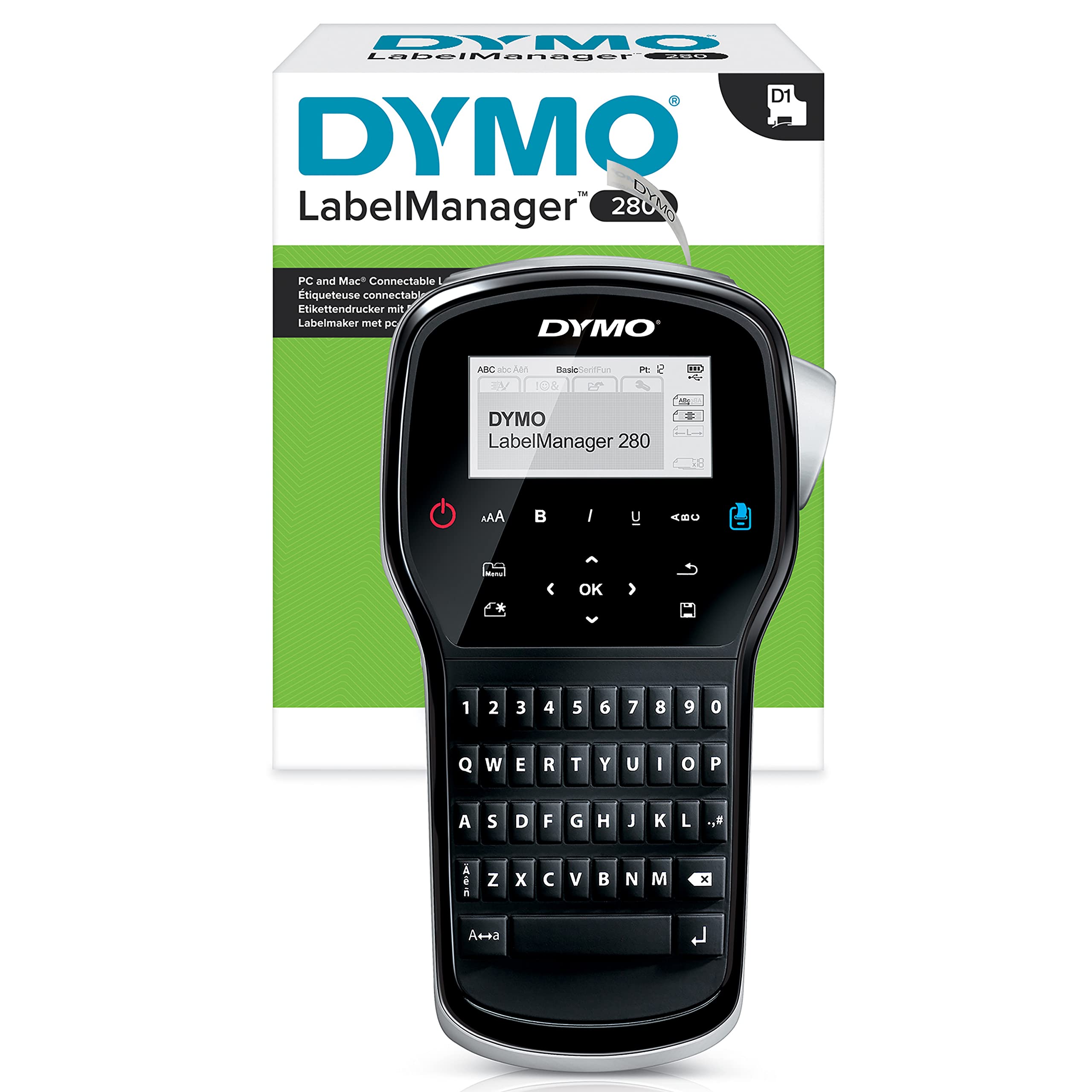Dymo S0968960 Label Manager 280 Portable Label Maker with QWERTY Keyboard - Black (UK Plug Included) | Perfect for Office Organization, Shipping Labels & Home Storage
