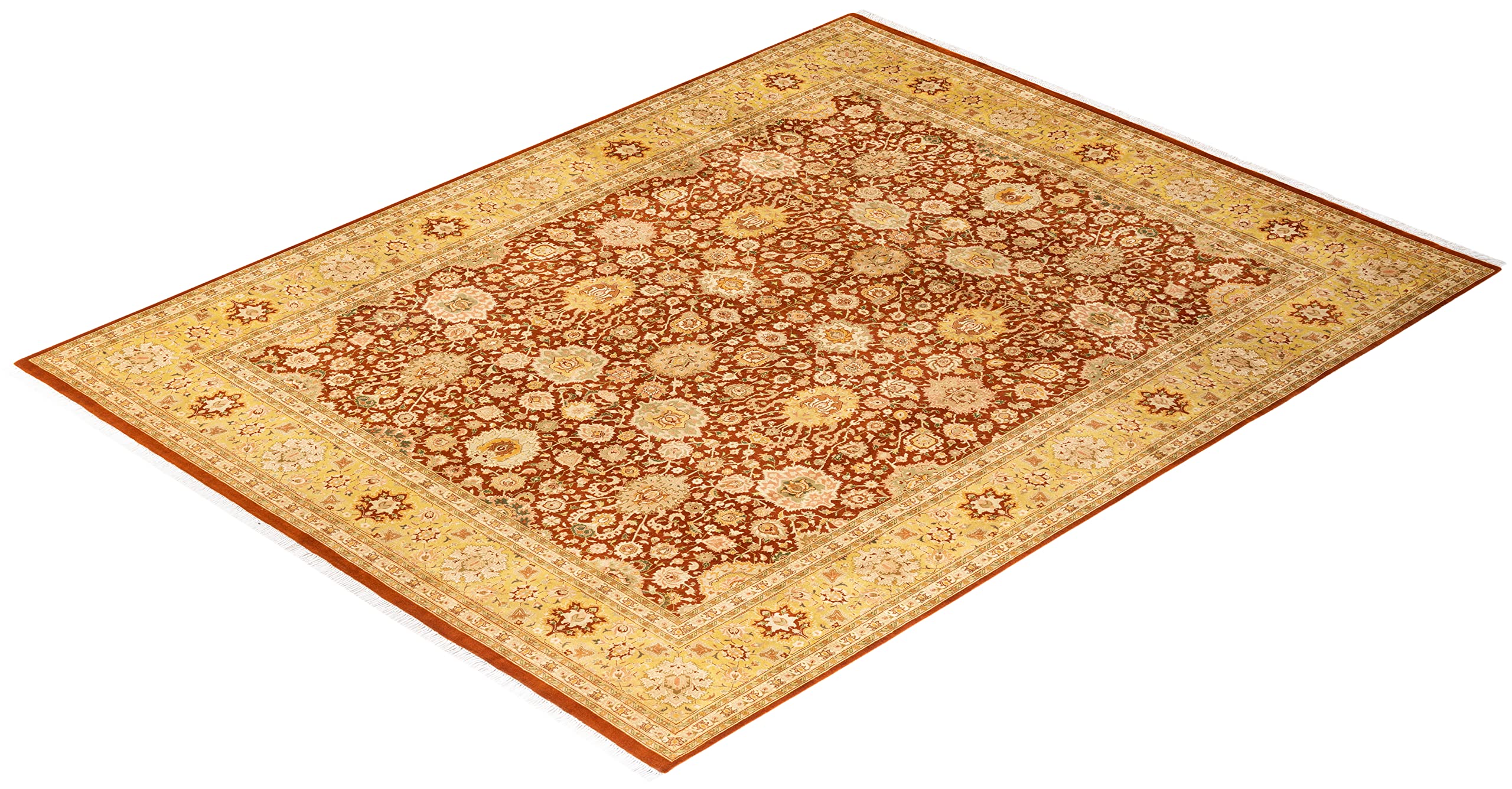Handmade Wool Oriental Mogul Orange 8x10 Area Rug - Traditional Hand-Knotted One-of-a-Kind Solo Rugs for Living Room, Bedroom & Dining Room Decor