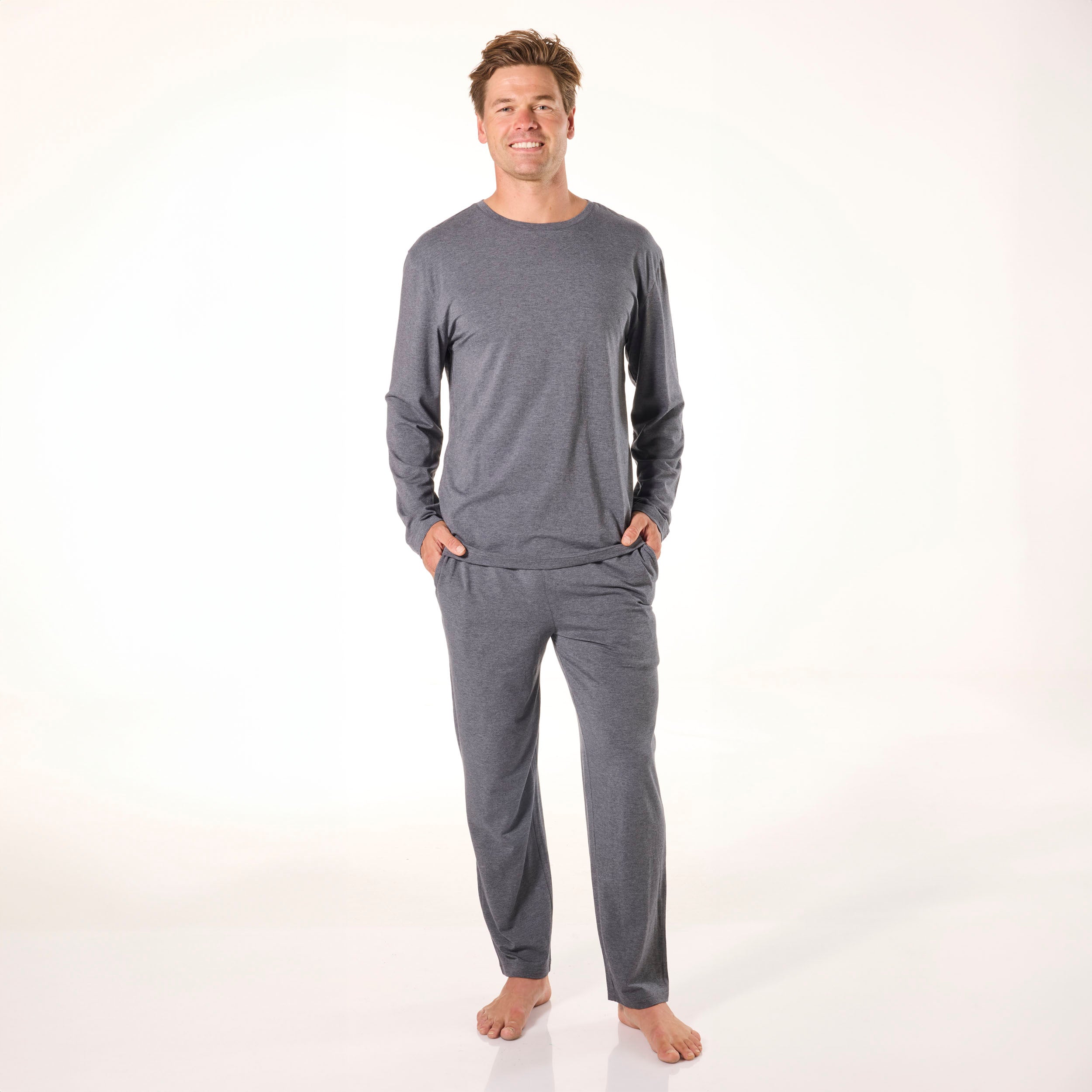 Men's Soft Bamboo Long Sleeve Sleep T-Shirt - Grey Marle - Comfortable Nightwear for Relaxing at Home & Lounge Wear