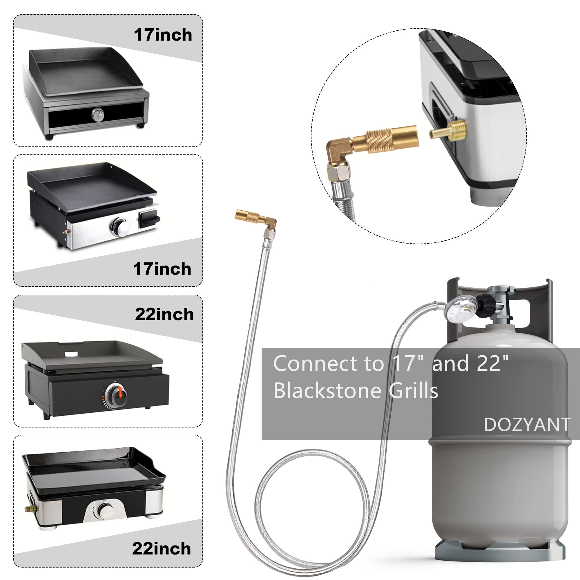 DOZYANT 6FT Braided Propane Regulator Hose - QCC1 Universal Grill Regulator Replacement with 90° Elbow Adapter for Blackstone 17
