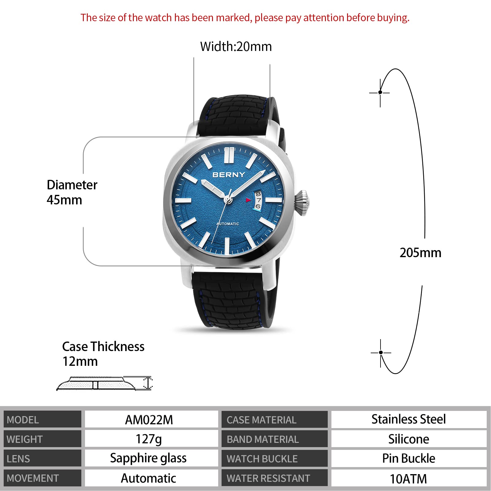BERNY Men's Japanese Automatic Self-Winding Mechanical Watch - 10ATM Waterproof, Sapphire Crystal Scratch Resistant, Super Luminous with Date Display (No Battery Needed) - Perfect for Business, Casual Wear & Outdoor Activities