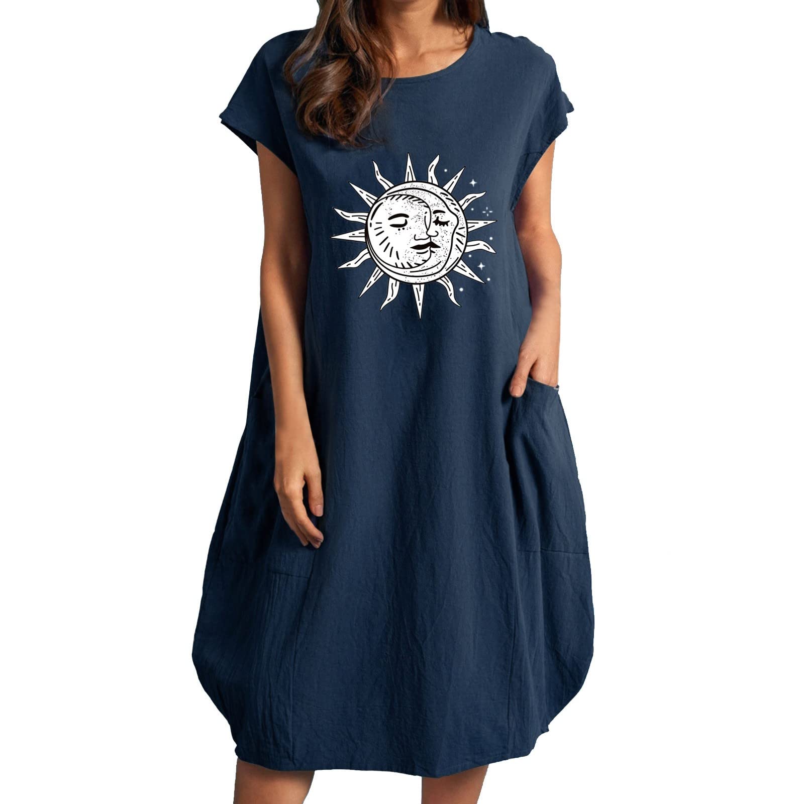 Women's Printed Sundress - Loose Short Sleeve Summer Beach Dress with Floral Face Design | Perfect for Vacation, Pool Parties & Casual Outings