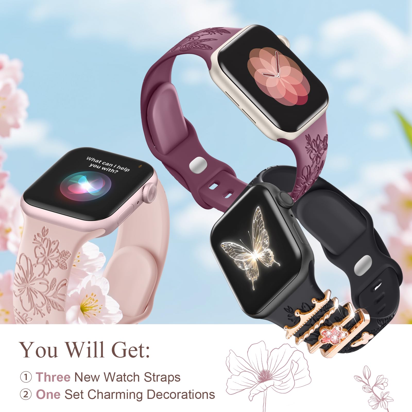 Maledan Floral Apple Watch Bands for Women - Soft Silicone Strap Compatible with Series 10/9/8/7/6/5/4/3/SE, 40mm 41mm 38mm 42mm 44mm 45mm 46mm - Breathable Fashion Bracelet for Daily Wear & Workout