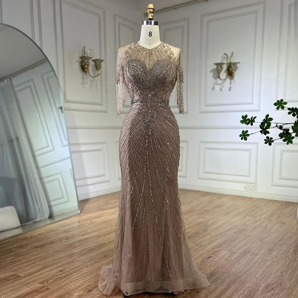 Luxury Dubai Arabic Caramel Tassel Mermaid Beaded Evening Gown for Women - Wedding, Party & Special Occasion Dresses 2025 | Elegant Formal Wear for Brides, Prom & Red Carpet Events