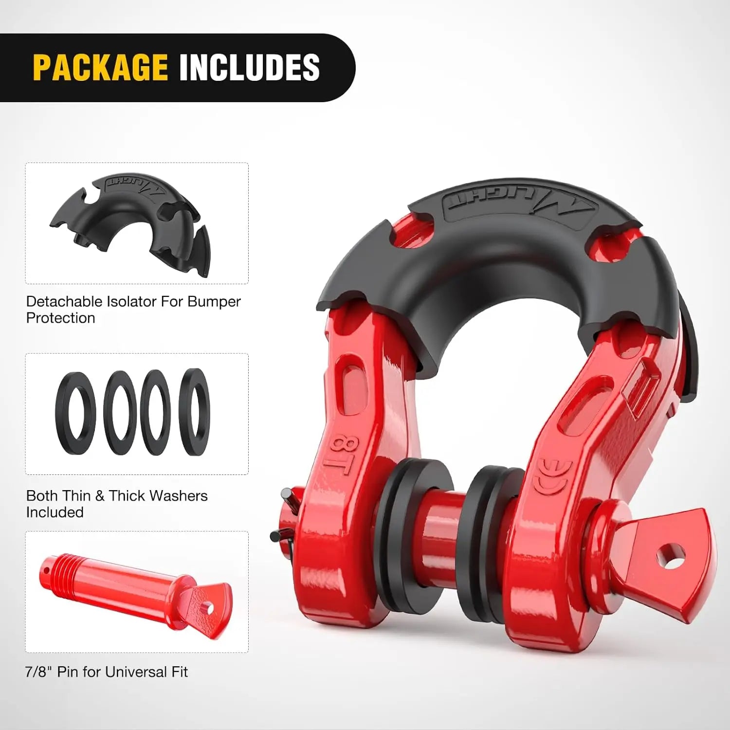 3/4 Inch Mega D Ring Shackle with 7/8 Inch Screw Pin - 68,000LBS Load Capacity - Red (Pair) - Heavy Duty Off-Road Recovery, Towing, Marine & Industrial Use