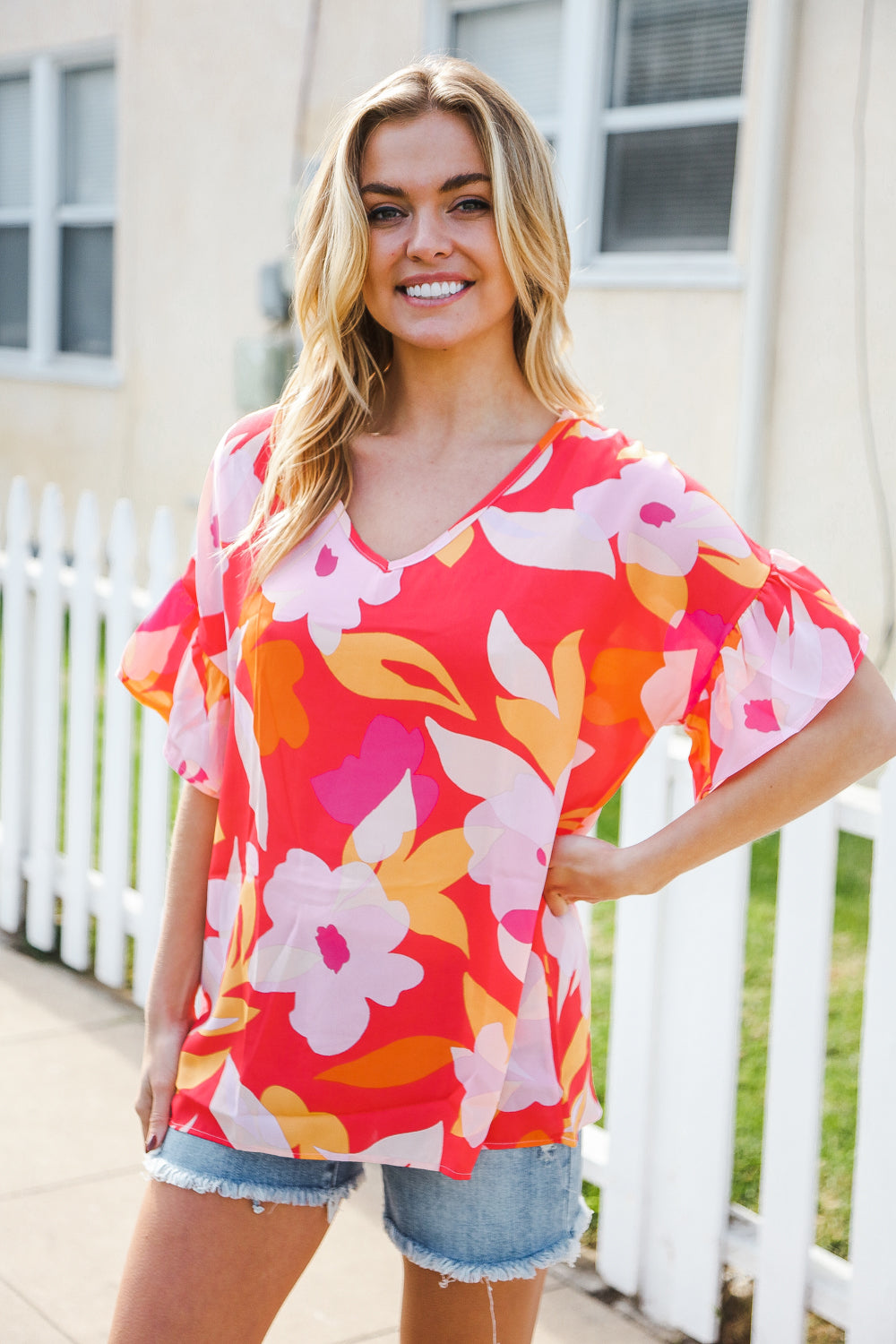 Haptics Tropical Vibes Peach Floral Dolman Ruffle Sleeve Blouse - Women's Casual Summer Top for Beach Vacation & Boho Outfits