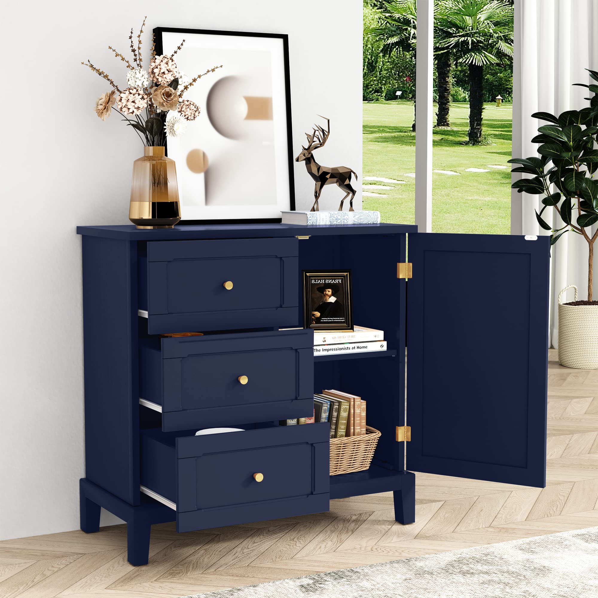 HLR Wooden Accent Cabinet with 3 Drawers & Door - Navy Blue Storage Cabinet with Shelves for Living Room, Entryway, Bedroom - Perfect for Organizing Home Decor, Books & Essentials