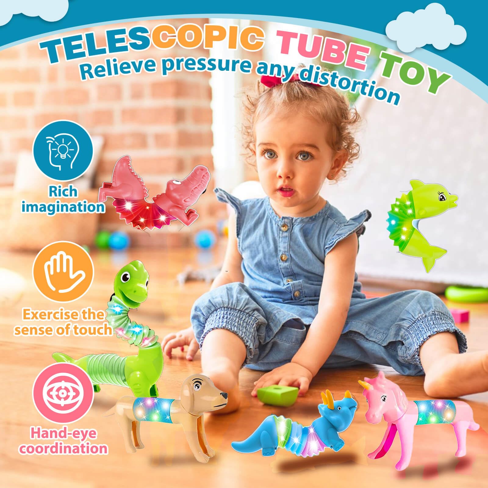 Easter Basket Stuffers for Kids - LED Animal Pop Tubes Sensory Fidget Toys for Toddlers Ages 3-7 - Fun Easter Egg Fillers & Stress Relief Gifts for Boys & Girls - Perfect for Classroom Rewards, Party Favors & Sensory Play