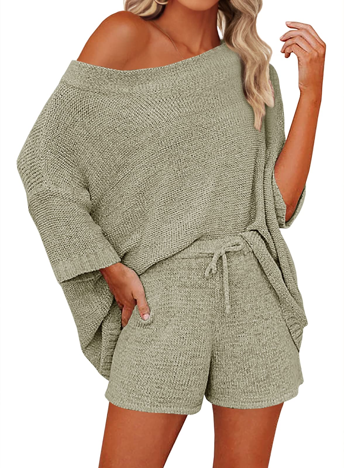 Mafulus Women's 2 Piece Sweater Set - Off Shoulder Knit Top & Shorts Matching Lounge Outfit | Cute Pajama Set for Home, Sleepwear & Casual Wear