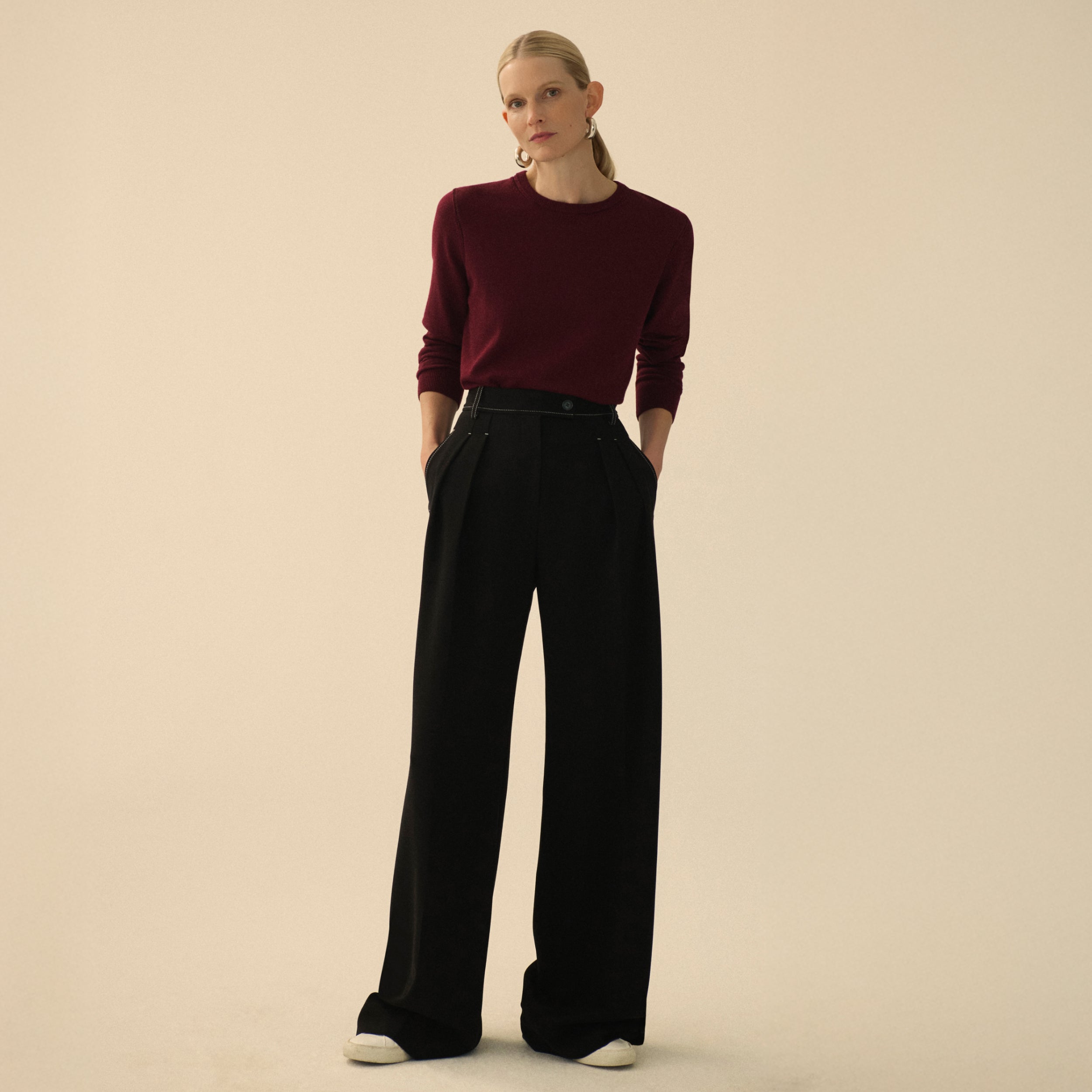 Bia Pleated Trousers for Women - High Waist Everyday Crepe Pants with Topstitch Detail - Comfortable Office Work Pants - Black - Perfect for Business Casual & Professional Wear