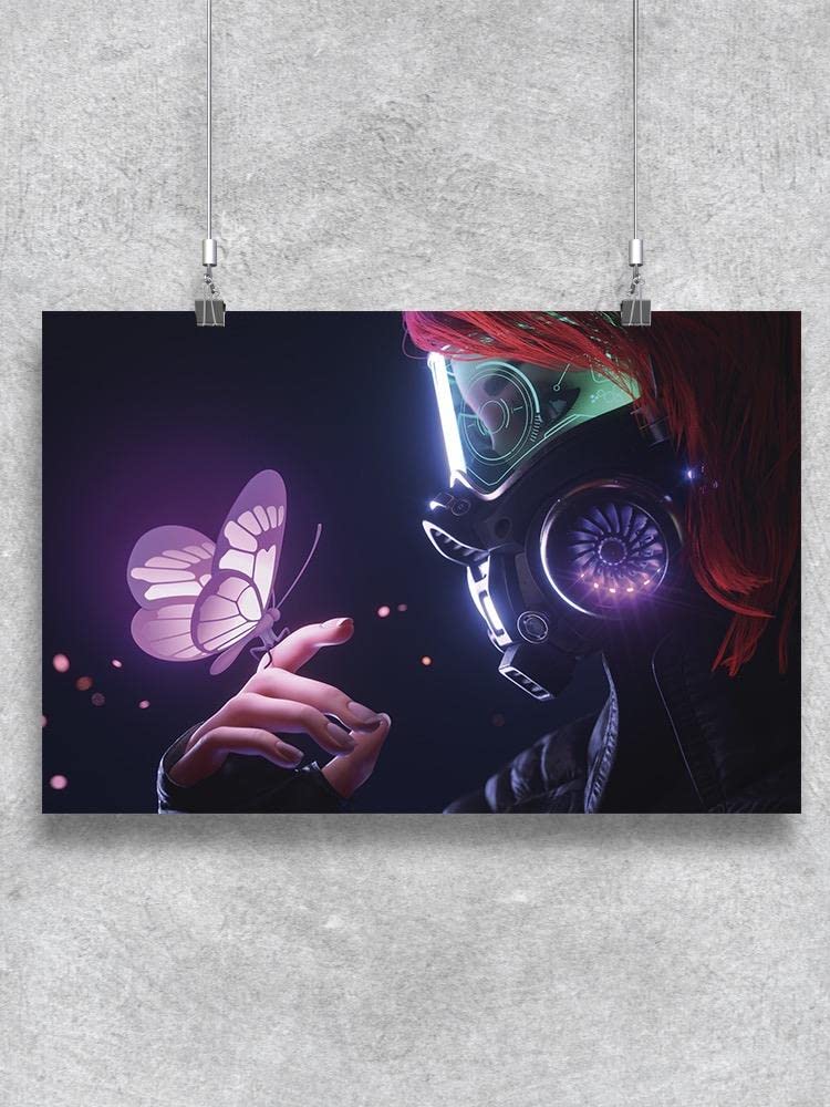 Woman in Gas Mask with Butterfly Poster - Surreal Art Print for Home & Office Decor | Unique Wall Art for Apartment, Bedroom, or Studio