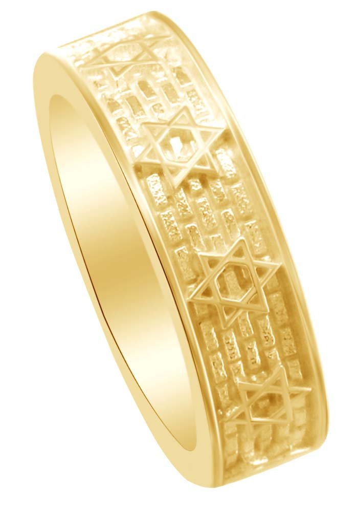 14K Gold Over Sterling Silver Hanukkah Star of David & Bricks Wedding Band Ring - 6MM Wide Jewish Jewelry for Holidays, Weddings & Special Occasions