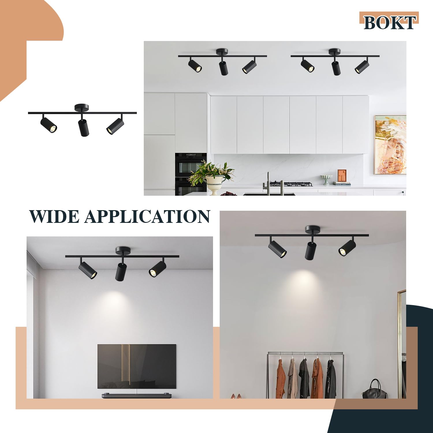 BOKT Modern Matte Black 3-Light Adjustable LED Track Lighting Kit - Industrial 3-Way Flush Mount Ceiling Spotlight Fixture for Living Room, Kitchen & Retail Stores
