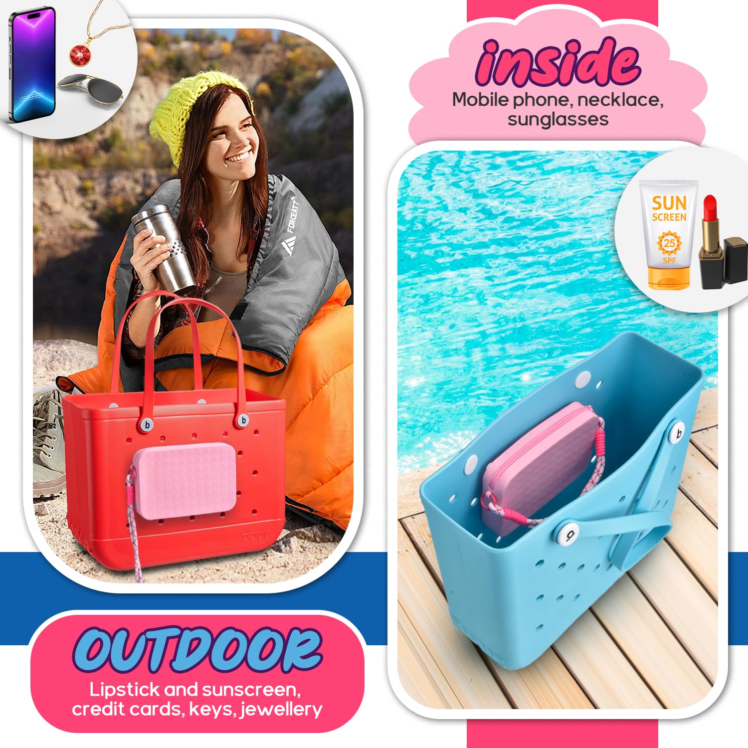 CONLI Large Silicone Phone Holder Organizer with Lanyard - Pouch for Bogg Bag Accessories, Compatible with iPhone 14/15 Pro Max & Other Smartphones (Pink) - Perfect for Beach, Pool, Gym & Outdoor Activities