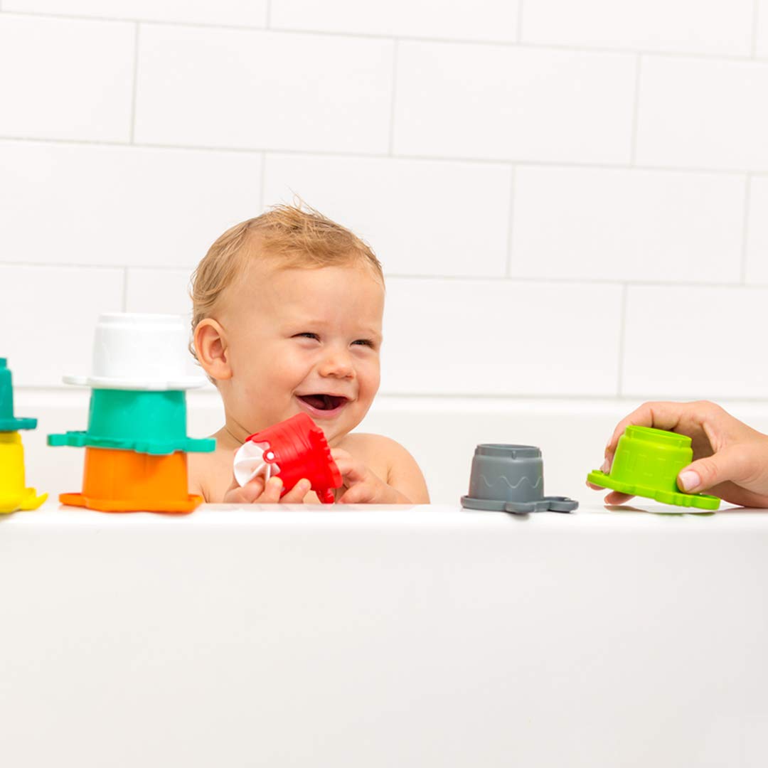 Infantino 8-Piece Stacking Cups Set with Water Mill – 7 Colorful Pyramids + 1 Interactive Water Mill – Perfect for Bathtime Fun & Early Learning Development