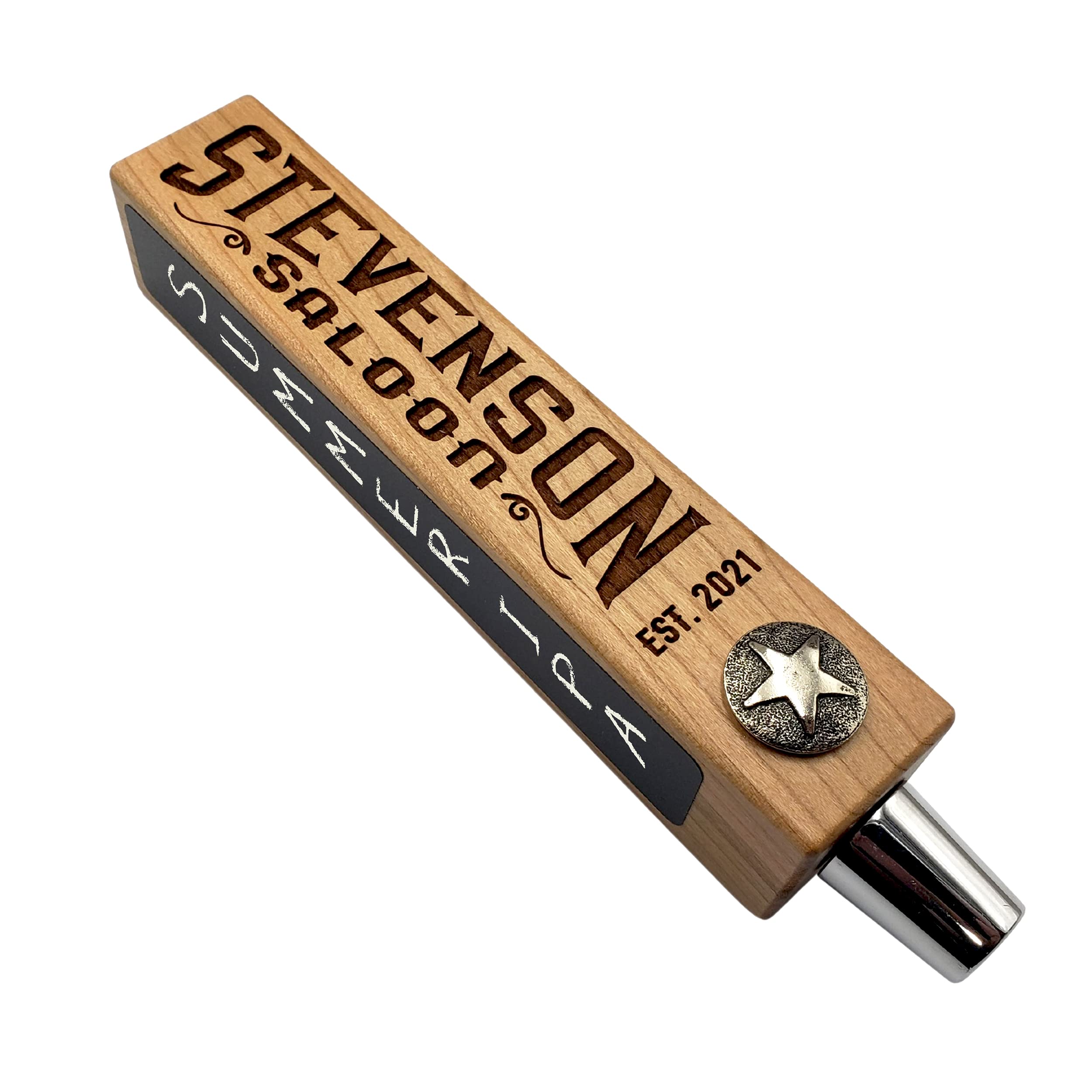 Personalized Beer Tap Handle with Laser Engraving & Chalkboard - Cherry Wood Star Edition | Custom Home Bar Accessory for Parties & Man Cave Decor