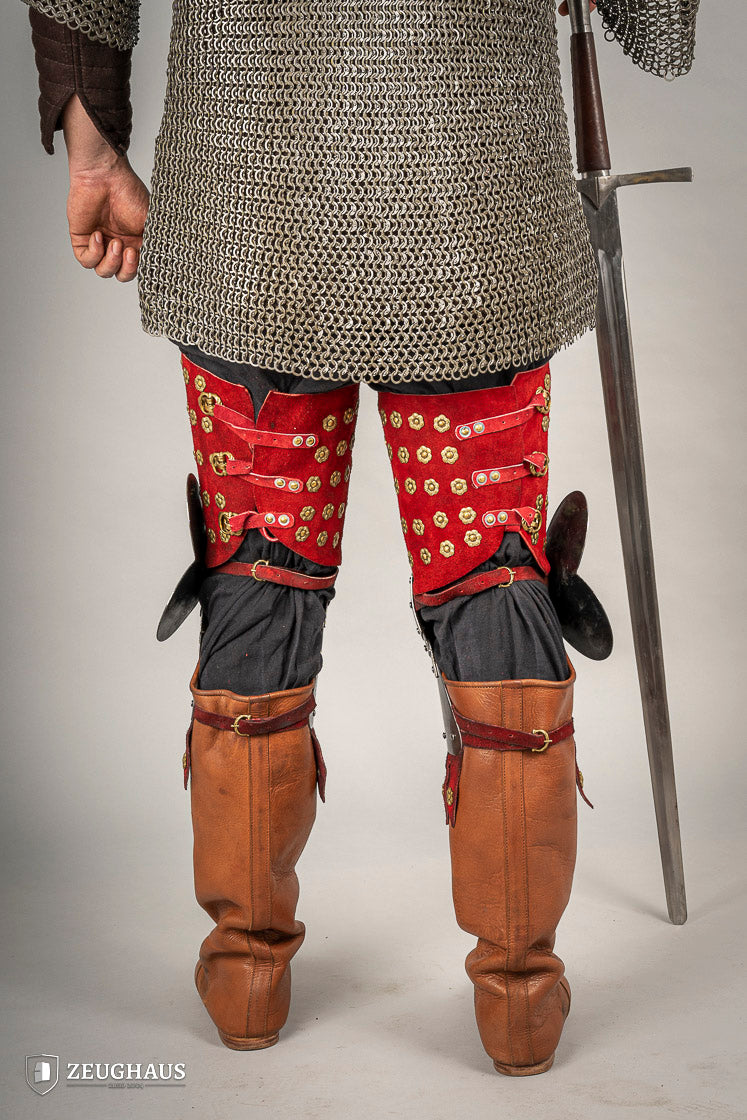 Red Suede Leather Splinted Leg Armor - Medieval Knight Costume, LARP, Cosplay & Renaissance Faire Accessory