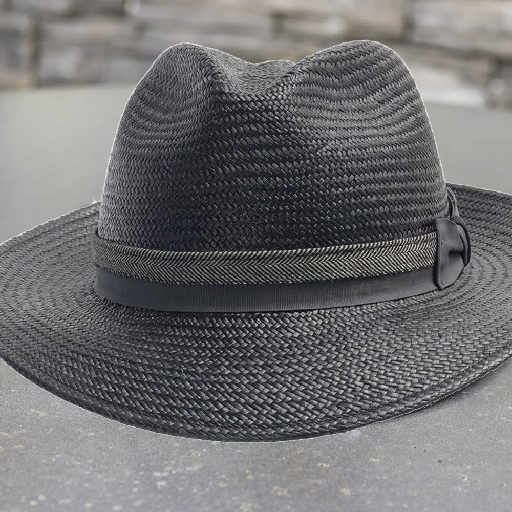 Stylish Palermo Black Panama Straw Fedora Hat with 2-Tone Hatband for Men & Women - Perfect for Summer Beach, Outdoor Parties and Fashion Accessories