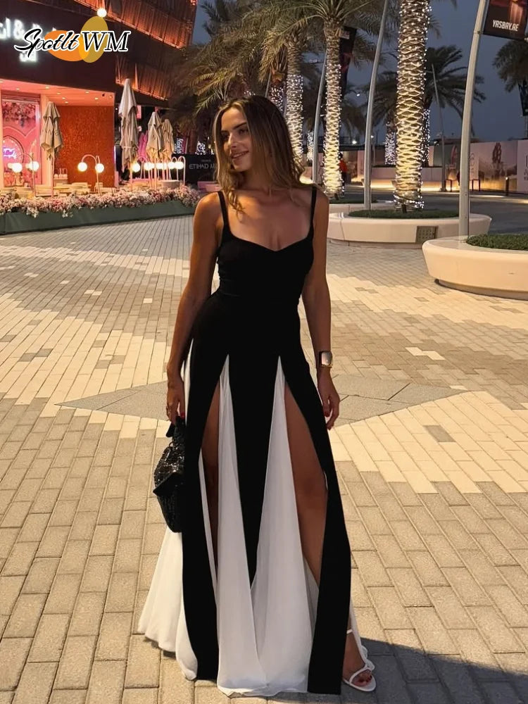 Elegant Women's Contrast U-Neck Sleeveless Backless Maxi Dress with High Slit - A-Line Summer Dress for Beach, Party & Evening Wear 2025