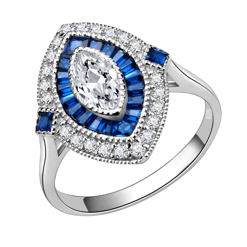 Lavencious Royal Halo Clear & Blue Spinel CZ Engagement Ring for Women - 925 Sterling Silver Wedding Band, Size 5-10 - Perfect for Proposals, Anniversaries & Bridal Jewelry Gifts