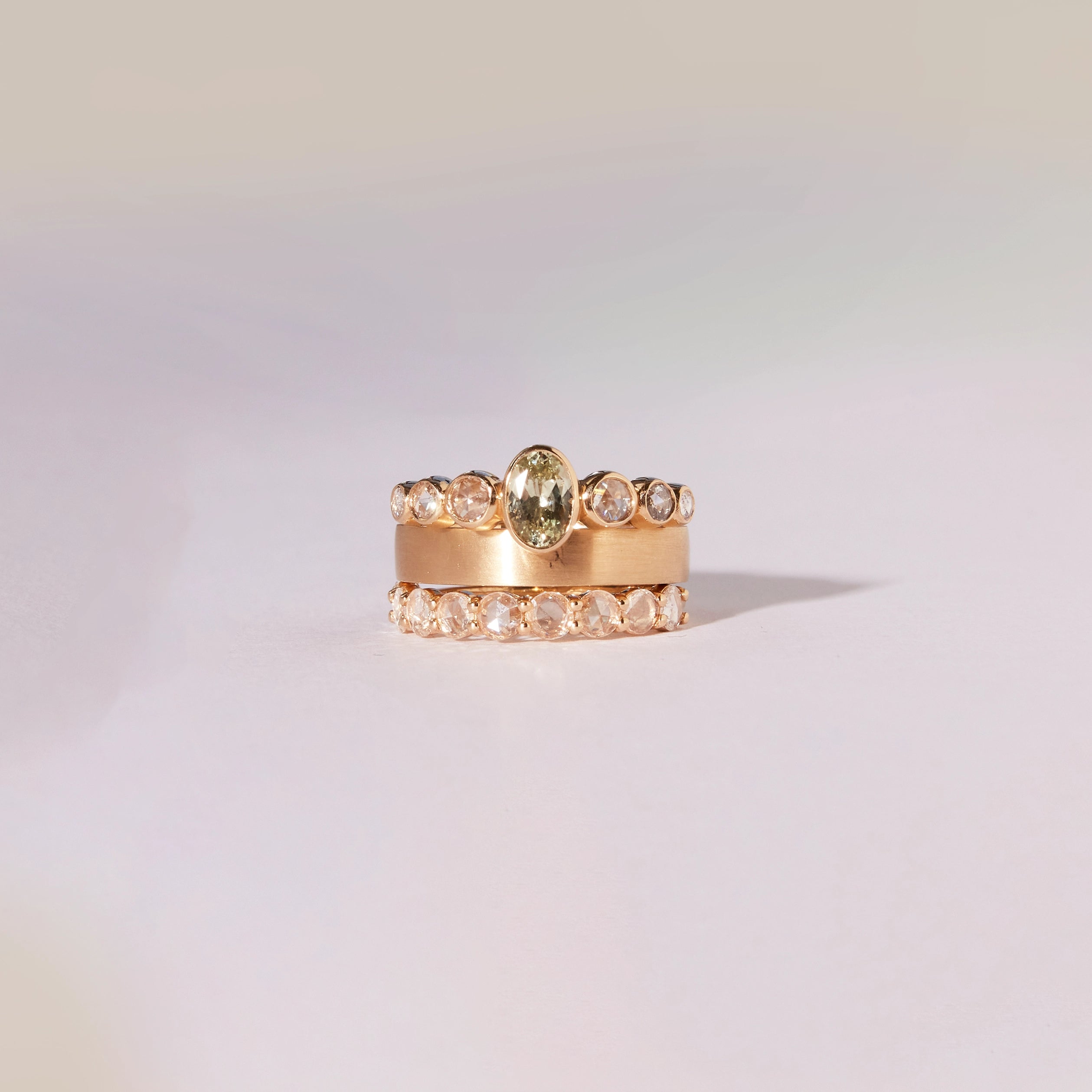 Unique 14K Yellow Gold Green Oval Sapphire Rose Cut Diamond Ring – Enduring Devotion One-of-a-Kind Jewelry for Engagement, Anniversary & Special Occasions