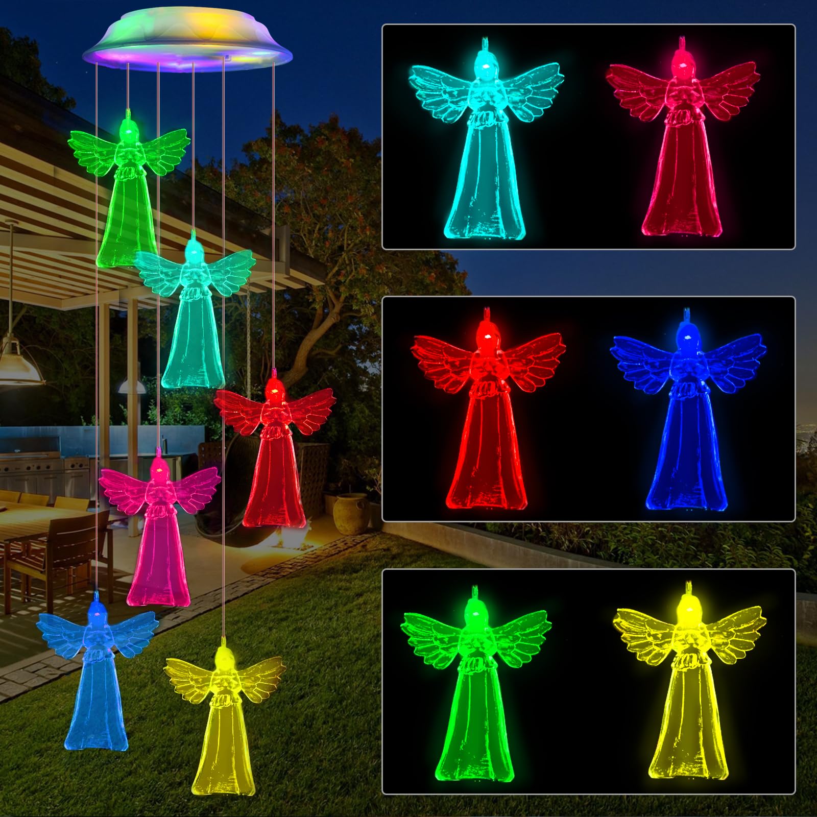 Fohil Solar Angel Wind Chimes - Color Changing Outdoor Wind Chime with Waterproof Solar LED Lights | Multi-Color Garden Decor for Patio, Yard & Christmas Gift Ideas